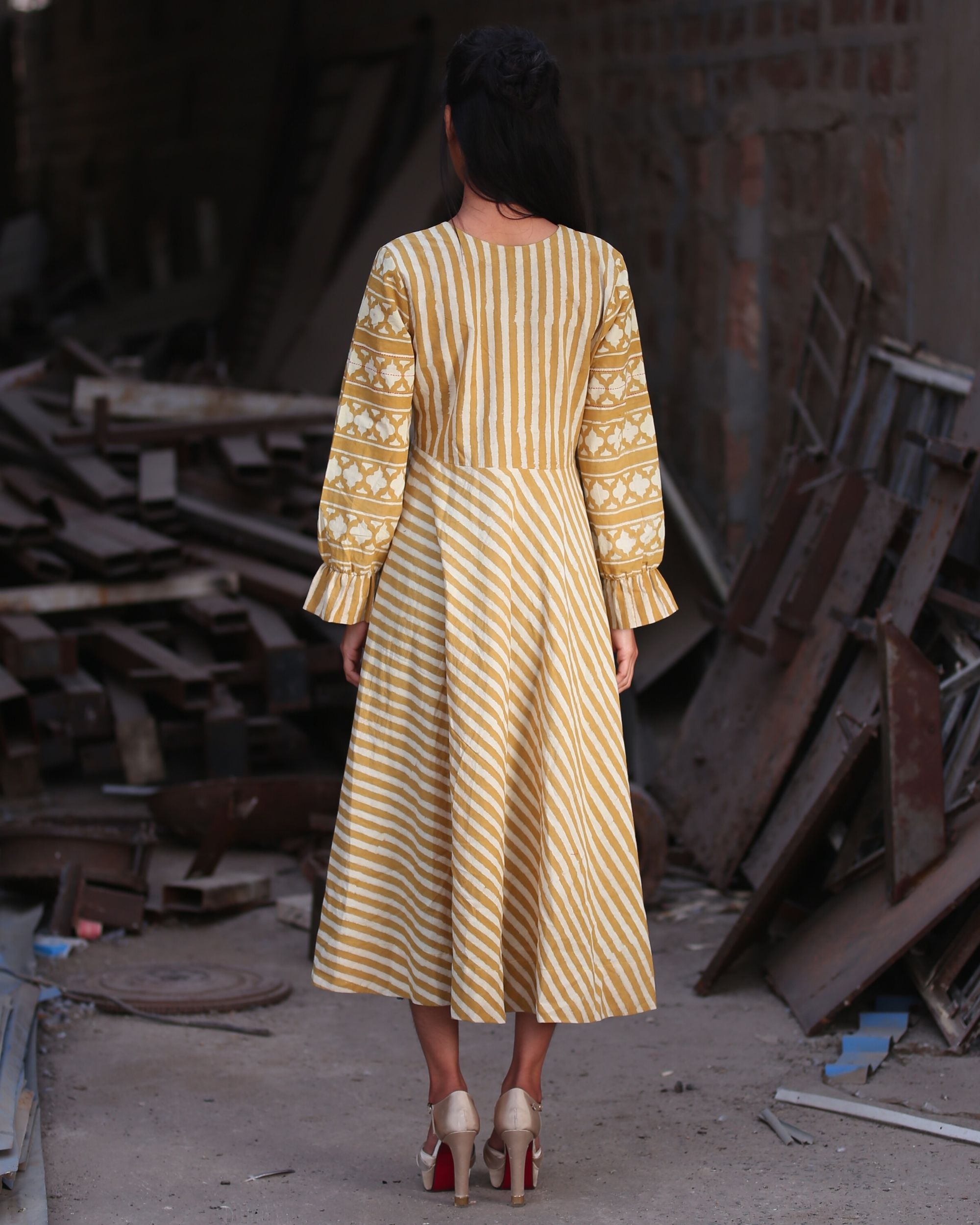 Mustard yellow striped umbrella dress by Medhya The Secret Label