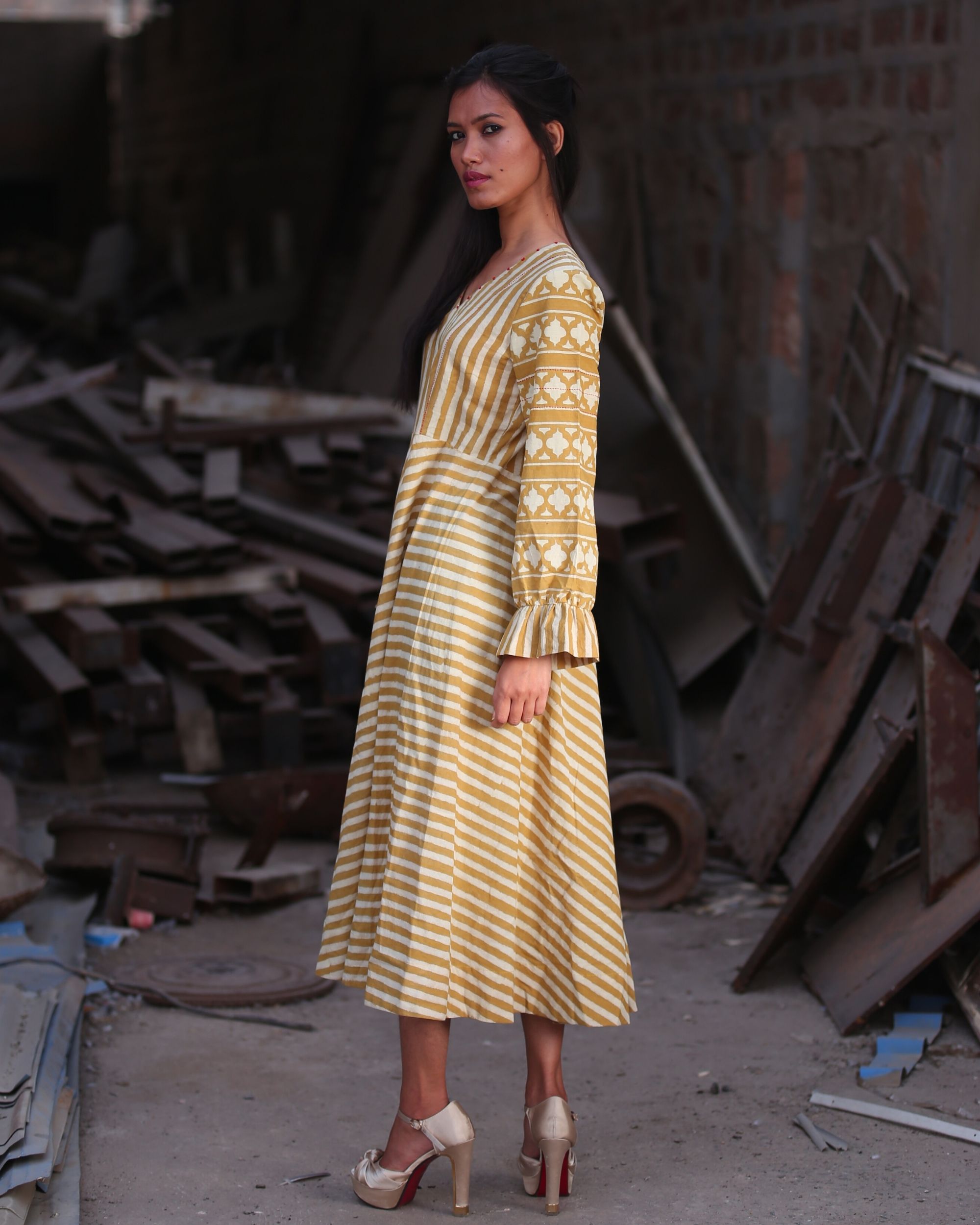 Mustard yellow striped umbrella dress by Medhya The Secret Label