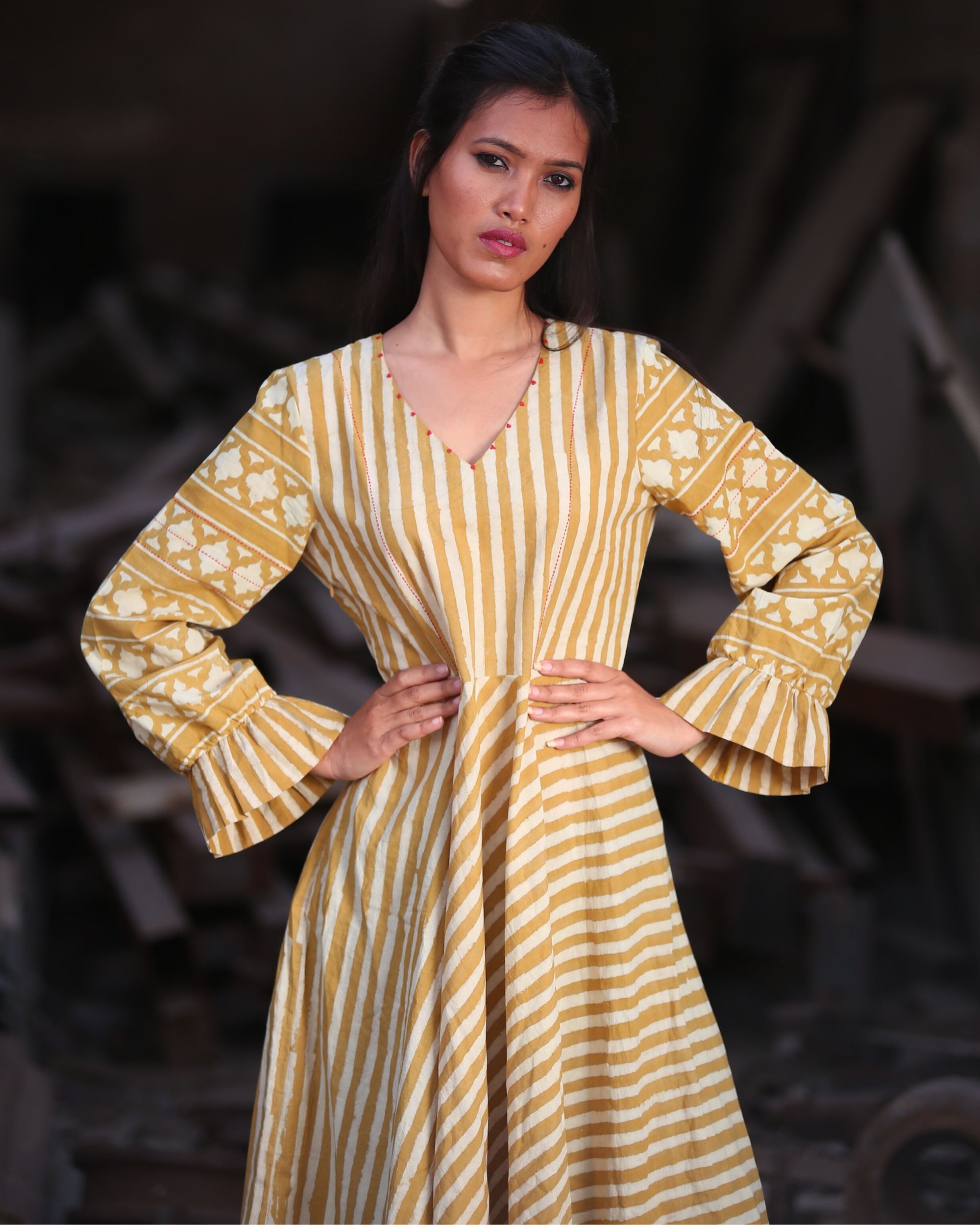 Mustard yellow striped umbrella dress by Medhya The Secret Label