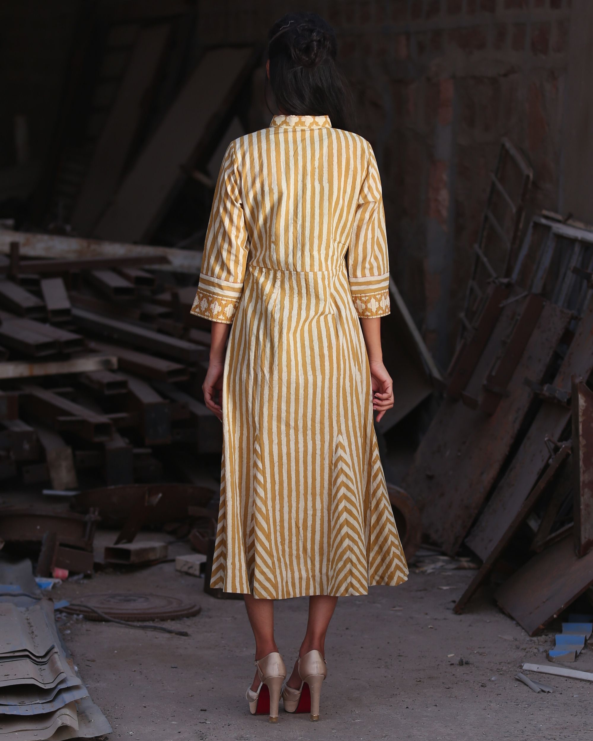 Mustard yellow striped collar dress by Medhya The Secret Label