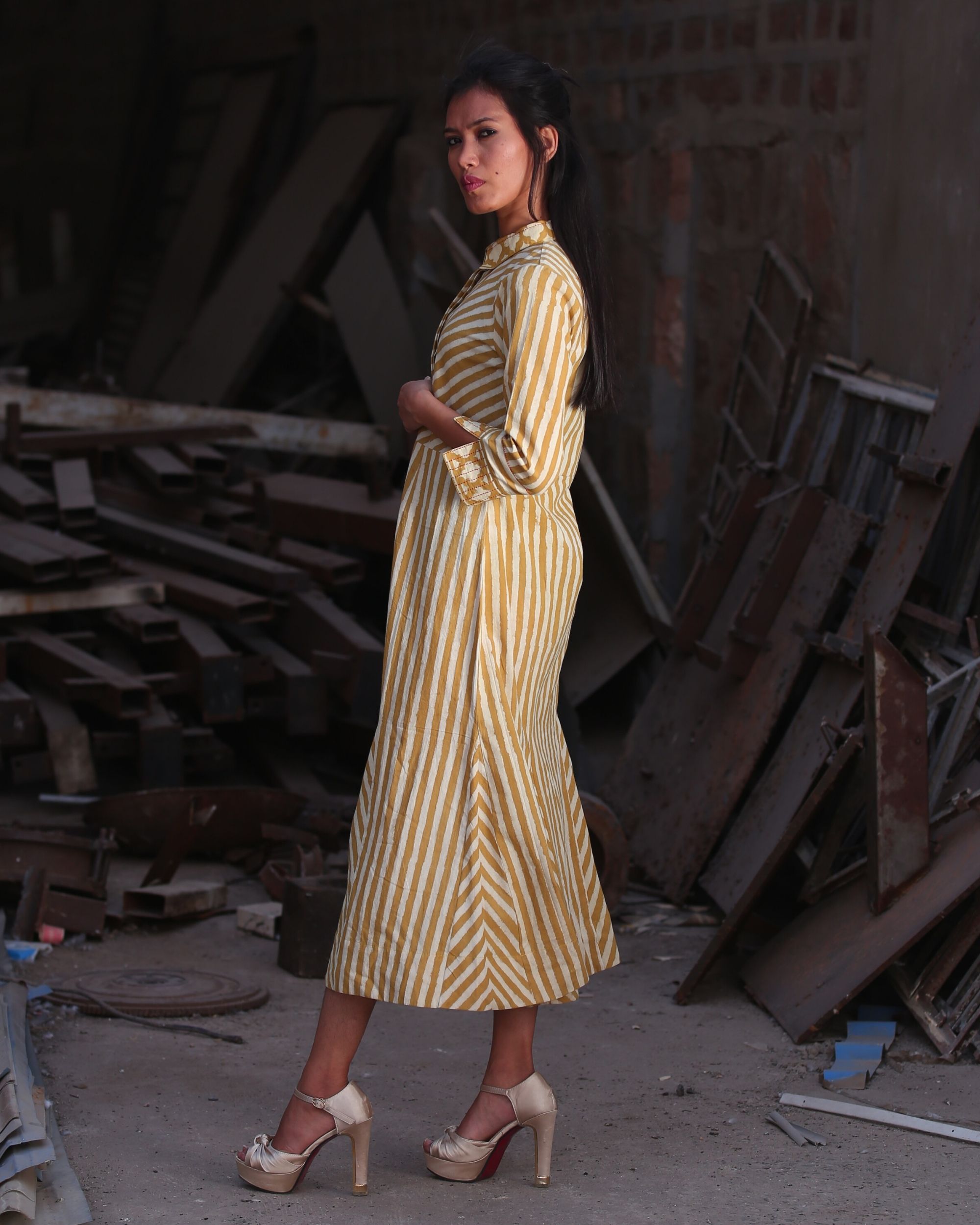 Mustard yellow striped collar dress by Medhya The Secret Label