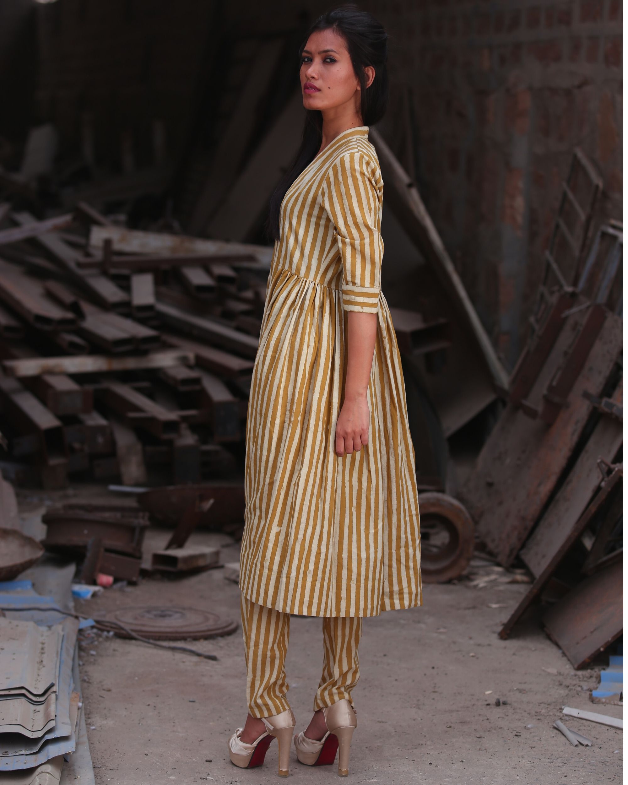 Mustard yellow striped cover up by Medhya The Secret Label