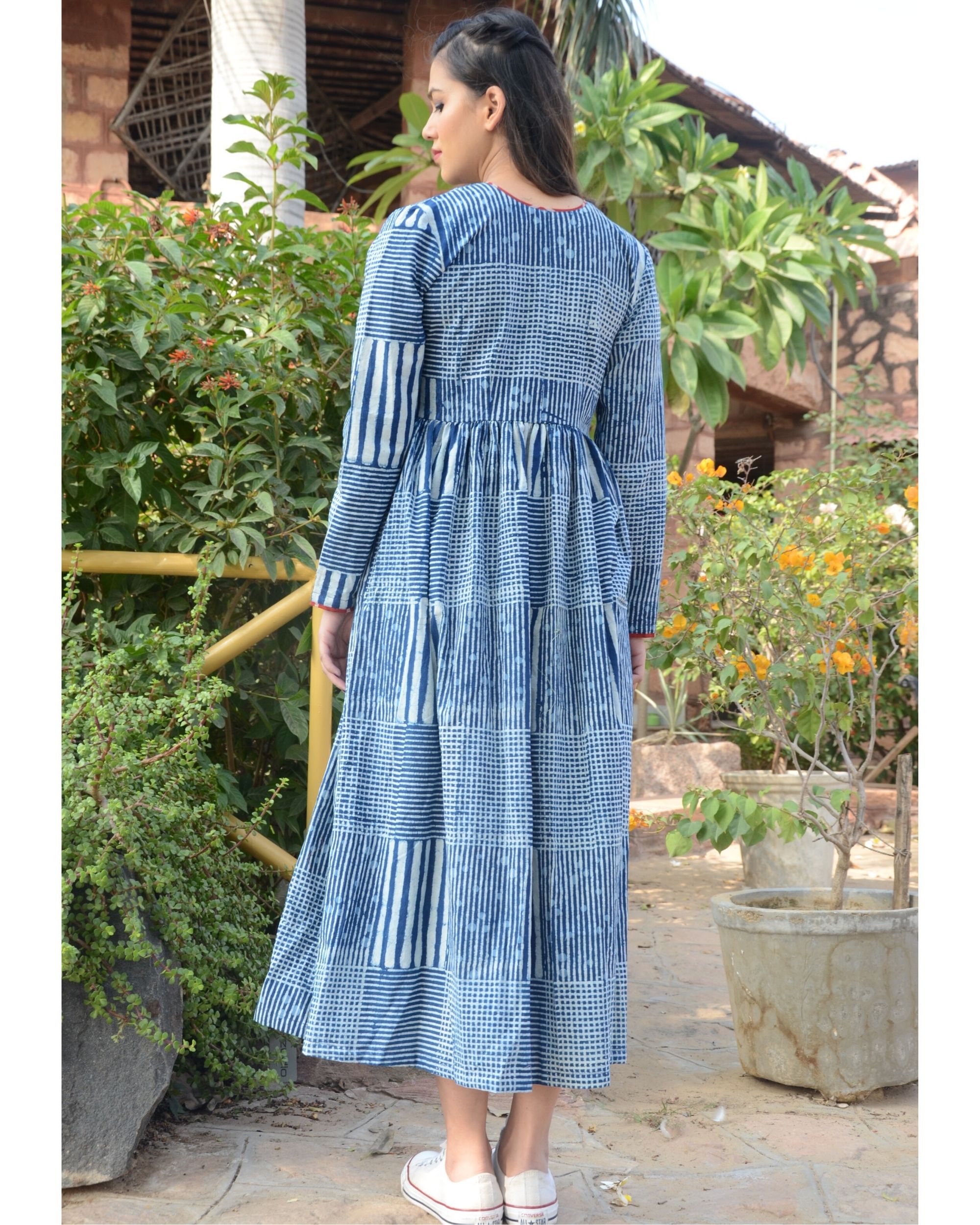 Indigo printed gathers dress by Medhya | The Secret Label