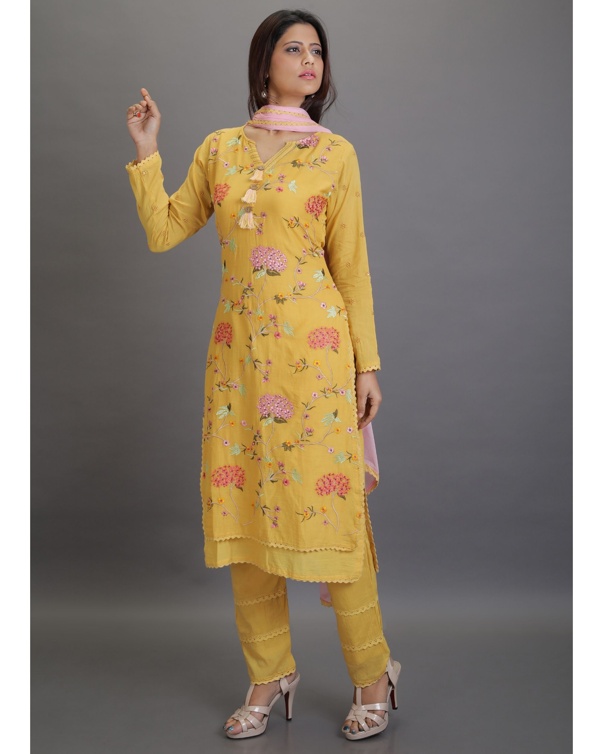 Mustard yellow embroidered kurta and pants with dupatta- Set Of Three ...