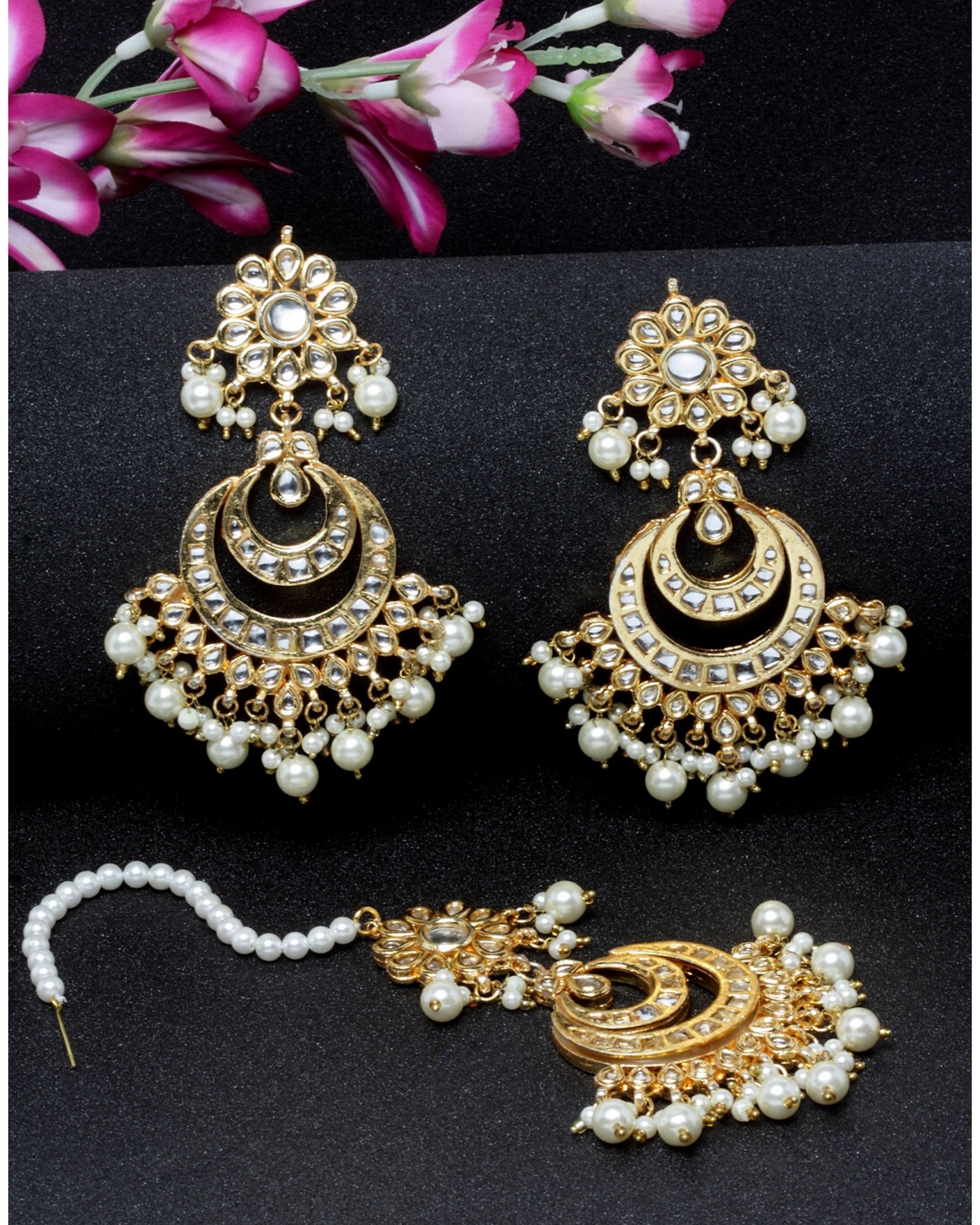 White pearl drops crescent earrings and maang tikka- Set Of Two by ...