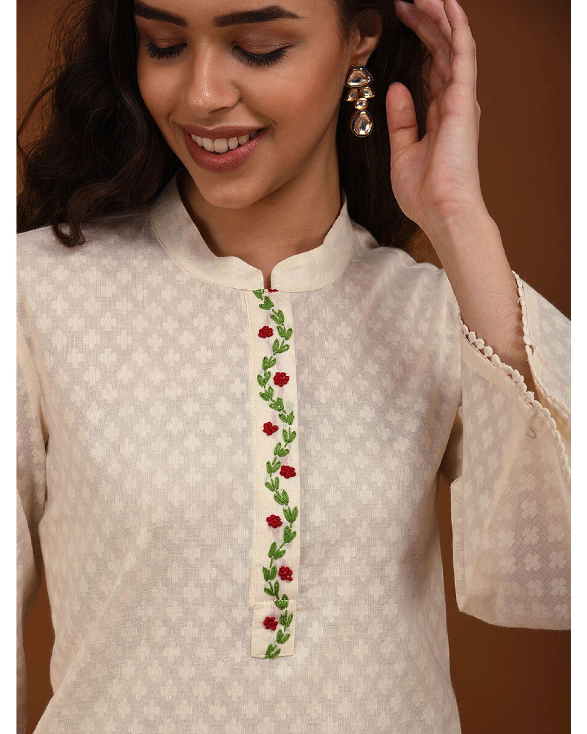Off white hand embroidered bell sleeve kurta by D'ART STUDIO | The ...