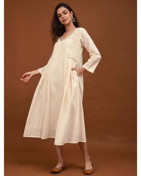 Off white hand embroidered gathers dress 2