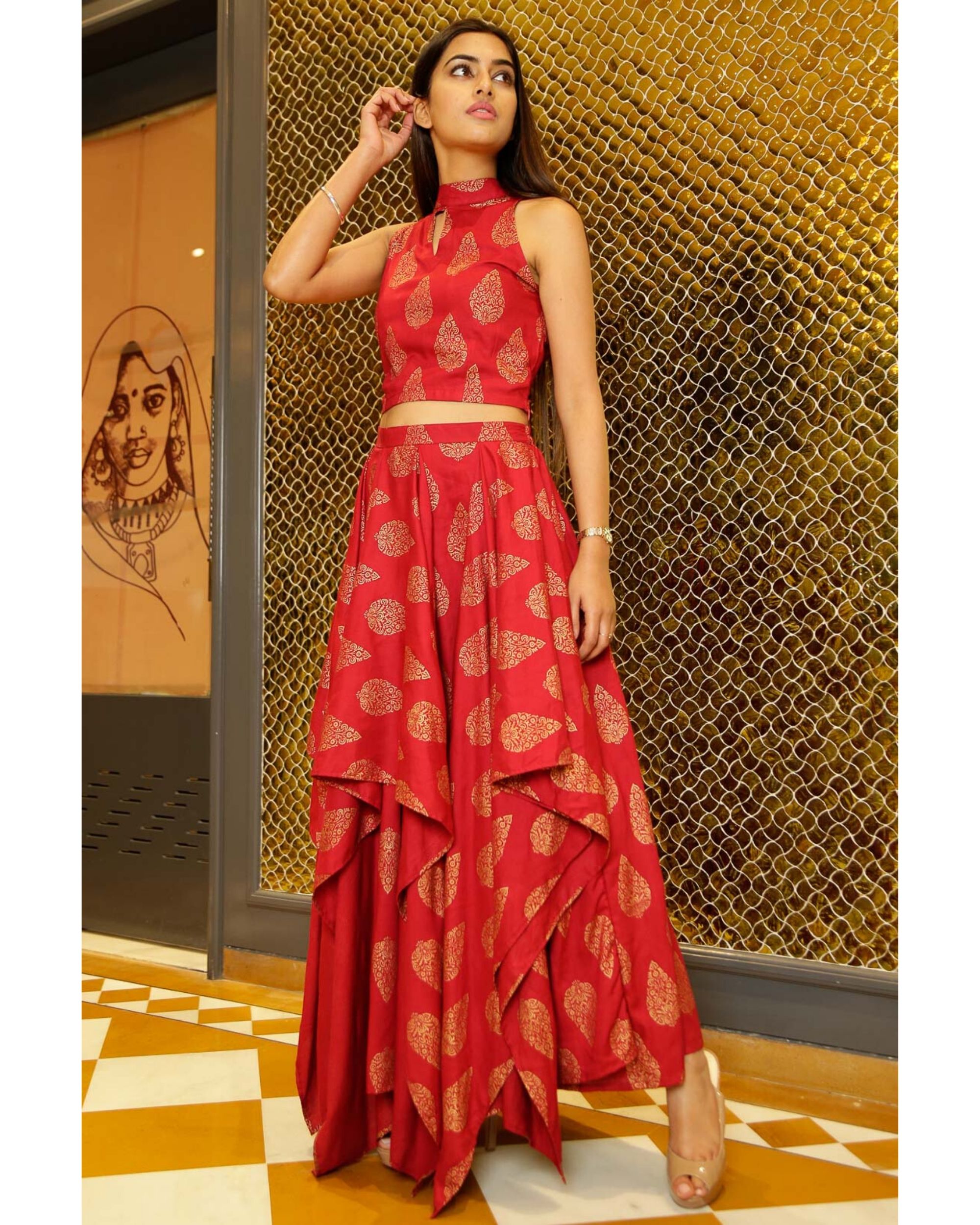 Maroon Printed High Neck Crop Top And Layered Lehenga Set Of Two By Ambraee The Secret Label 9926