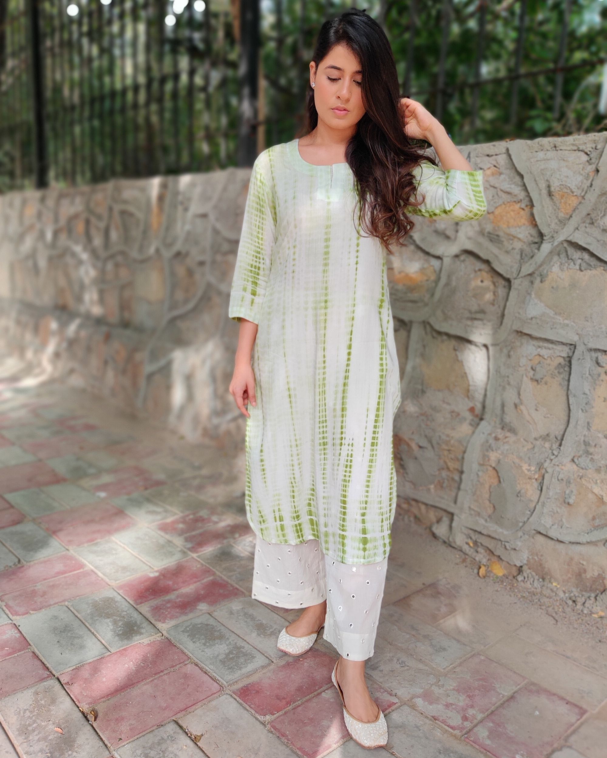Green and off white tie and dye kurta and palazzo- Set Of Two by The ...