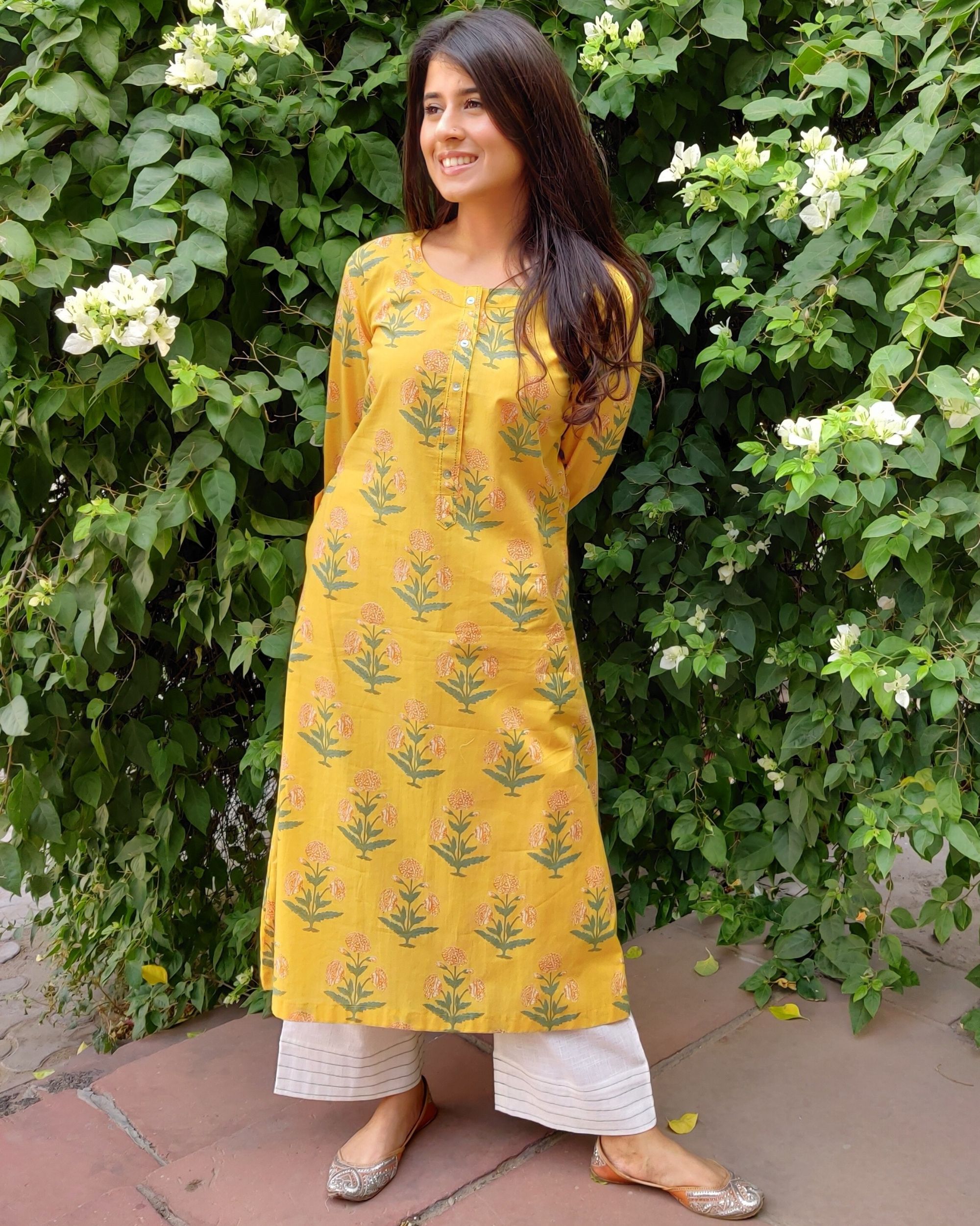 Yellow block printed kurta and palazzo- Set Of Two by The Hemming Bird ...