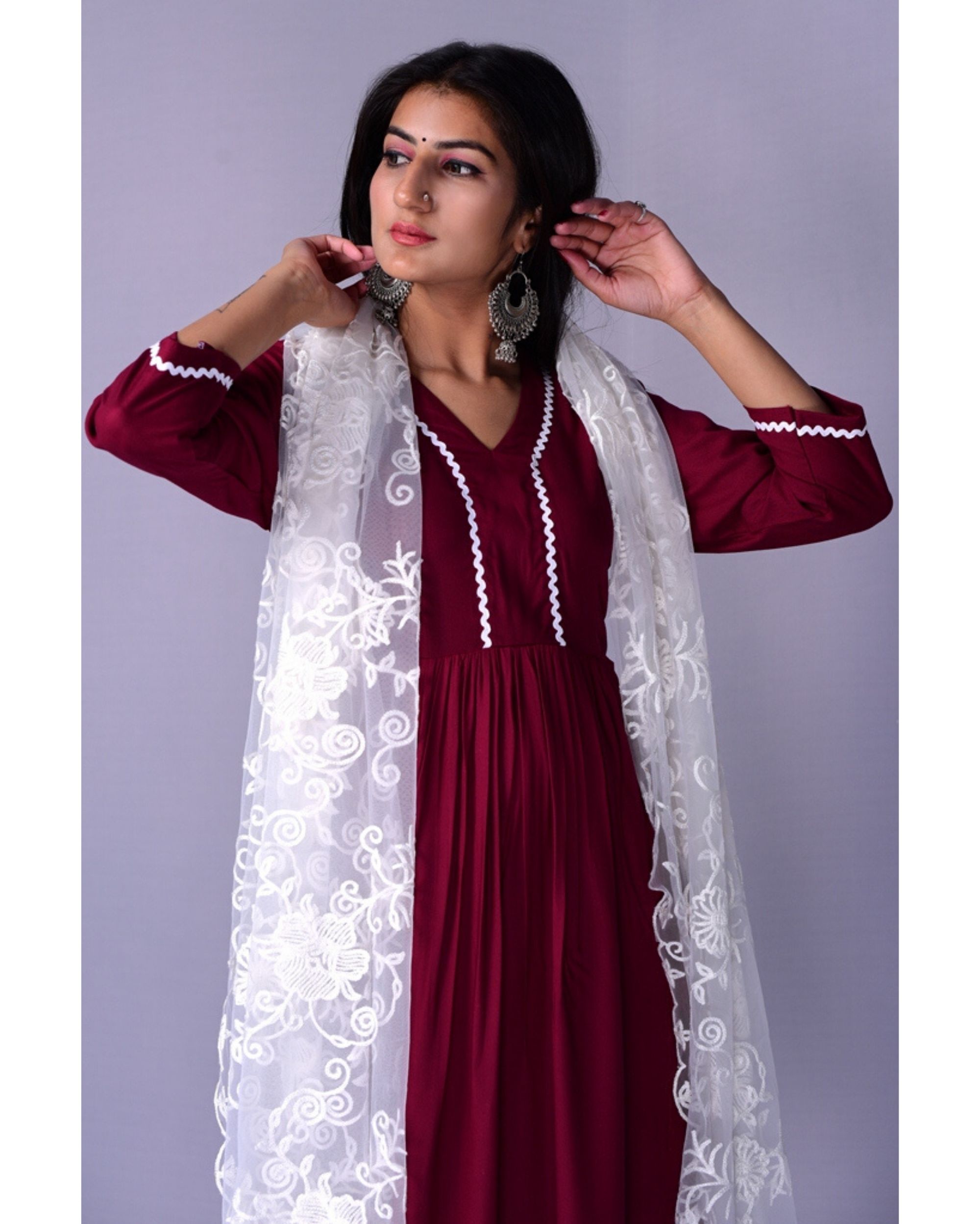 Maroon lace kurta and palazzo with embroidered dupatta- Set Of Three by  Kiswah Clothing