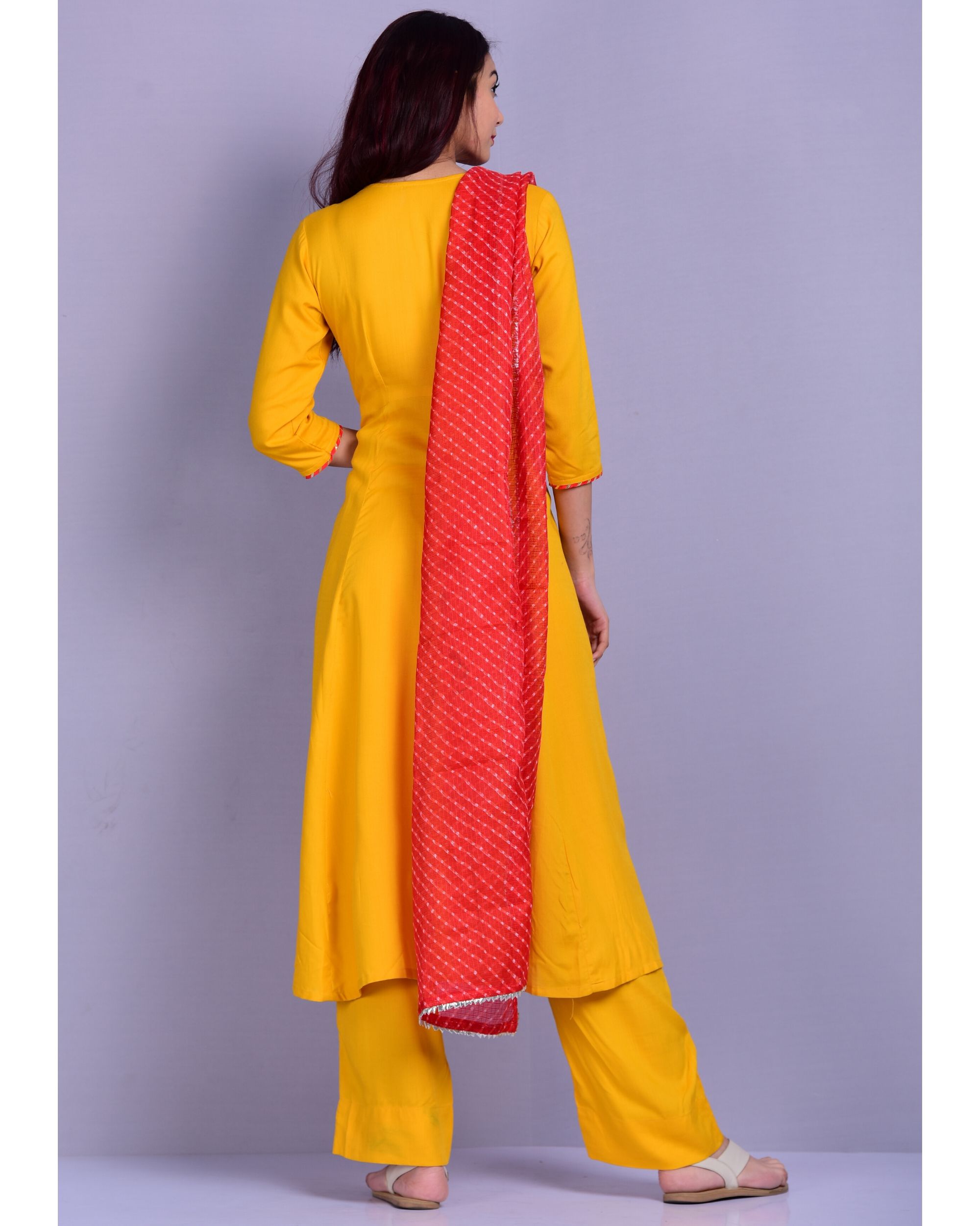Mustard yellow gathered kurta and palazzo with red leheriya stole Set