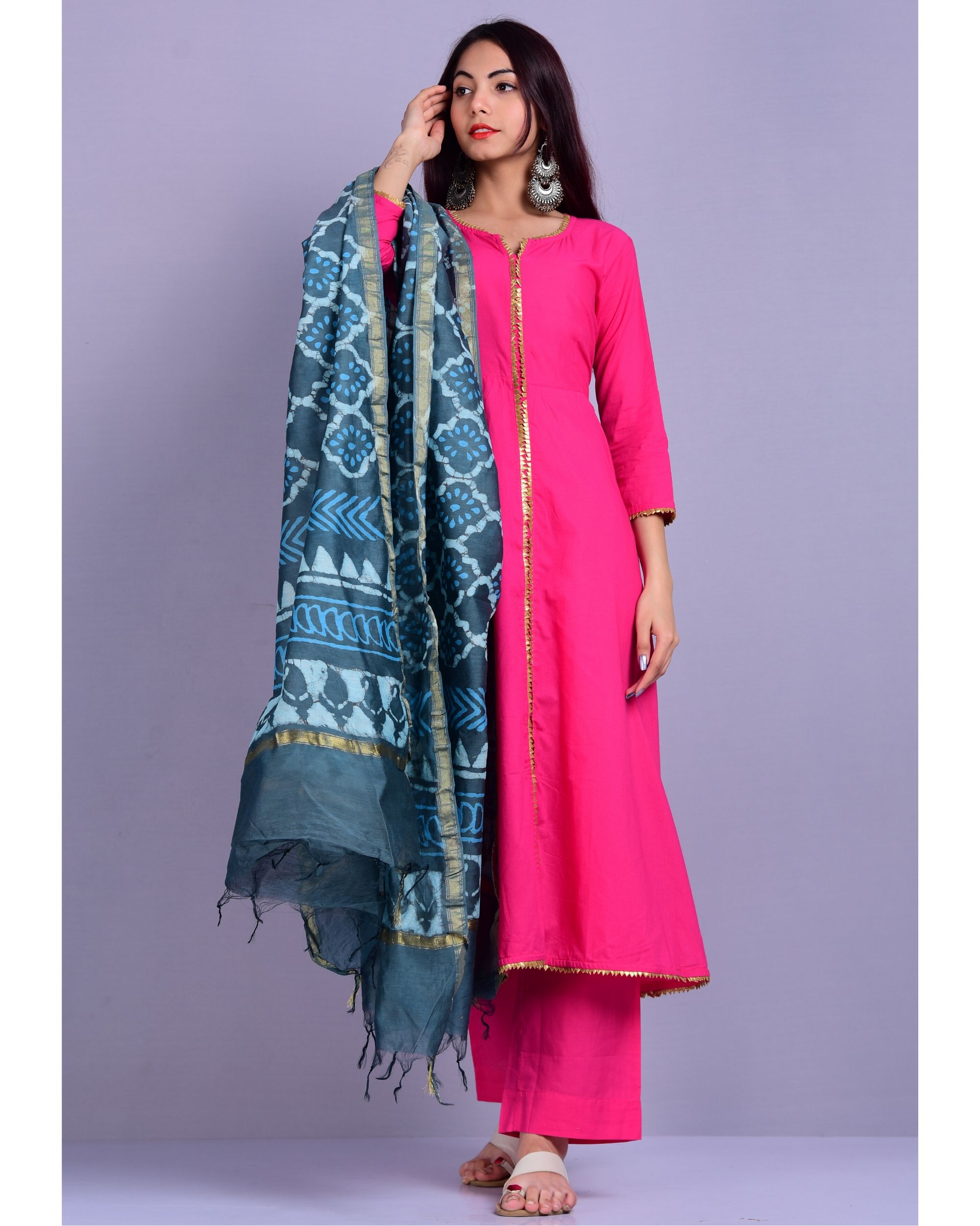 Hot pink anarkali kurta and palazzo with dupatta- Set Of Three by ...