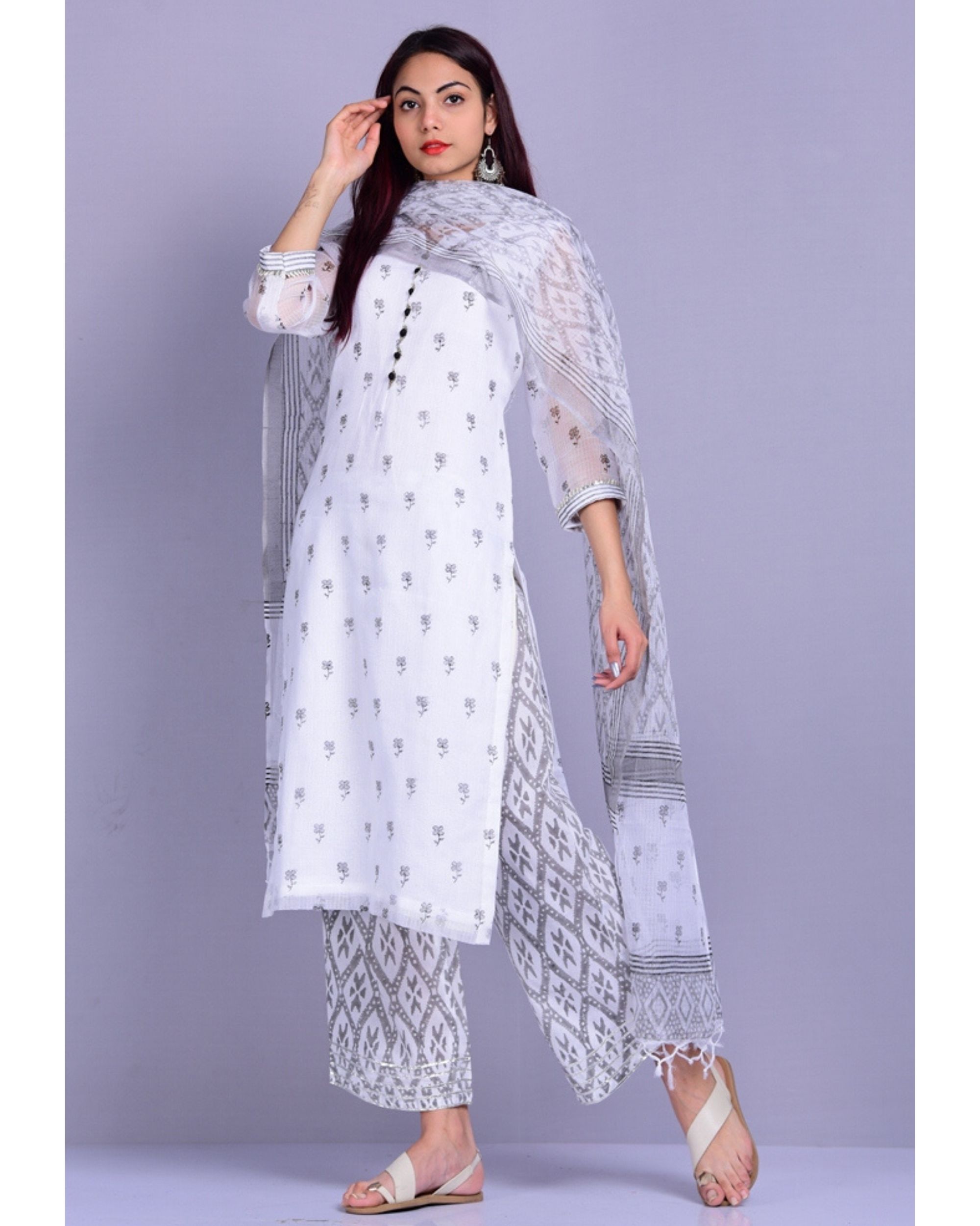 White And Grey Kota Doria Kurta And Palazzo With Dupatta Set Of Three By Kiswah Clothing The