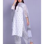 White And Grey Kota Doria Kurta And Palazzo With Dupatta Set Of Three By Kiswah Clothing The