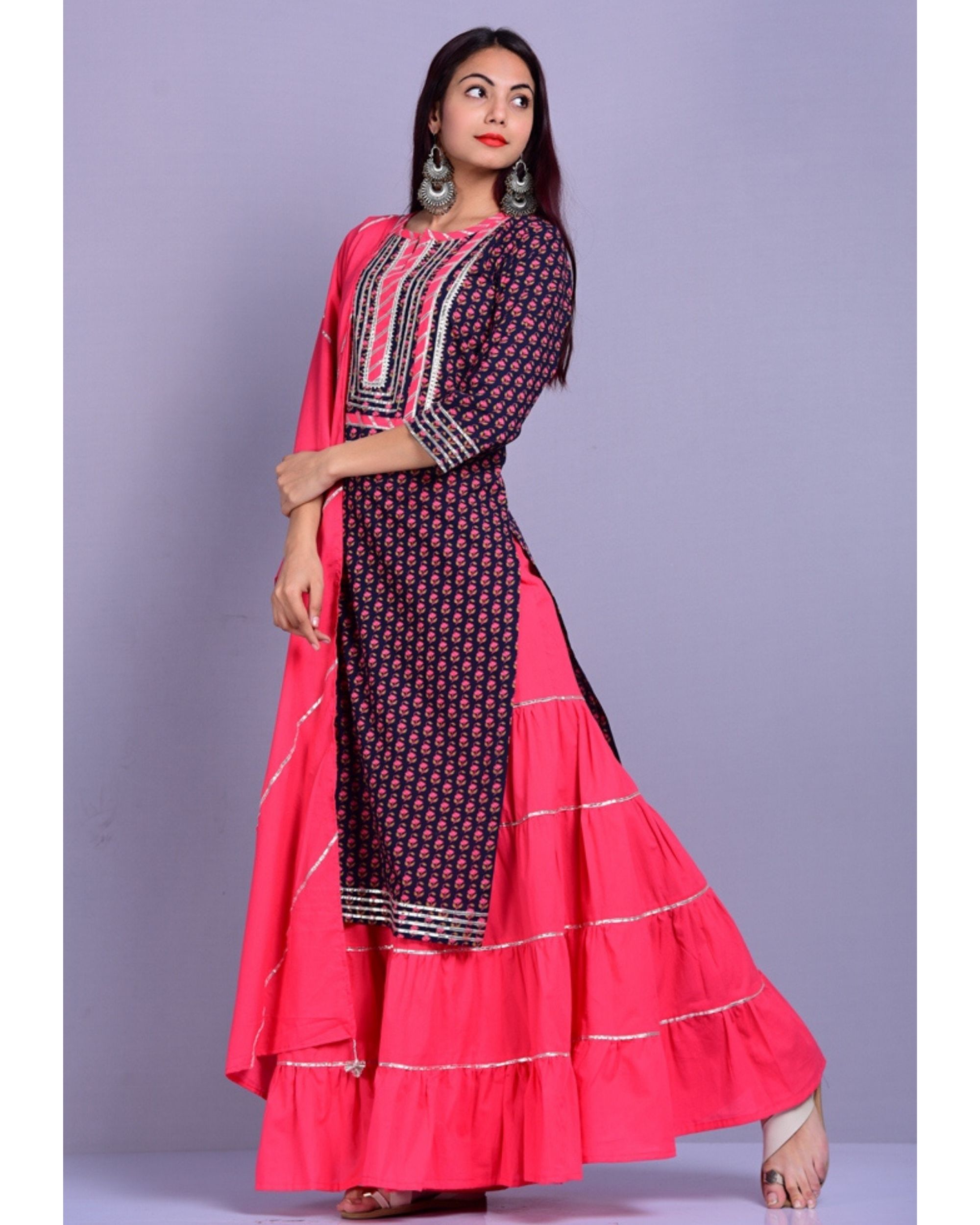 Black and pink printed kurta and gharara with dupatta- Set Of Three by ...