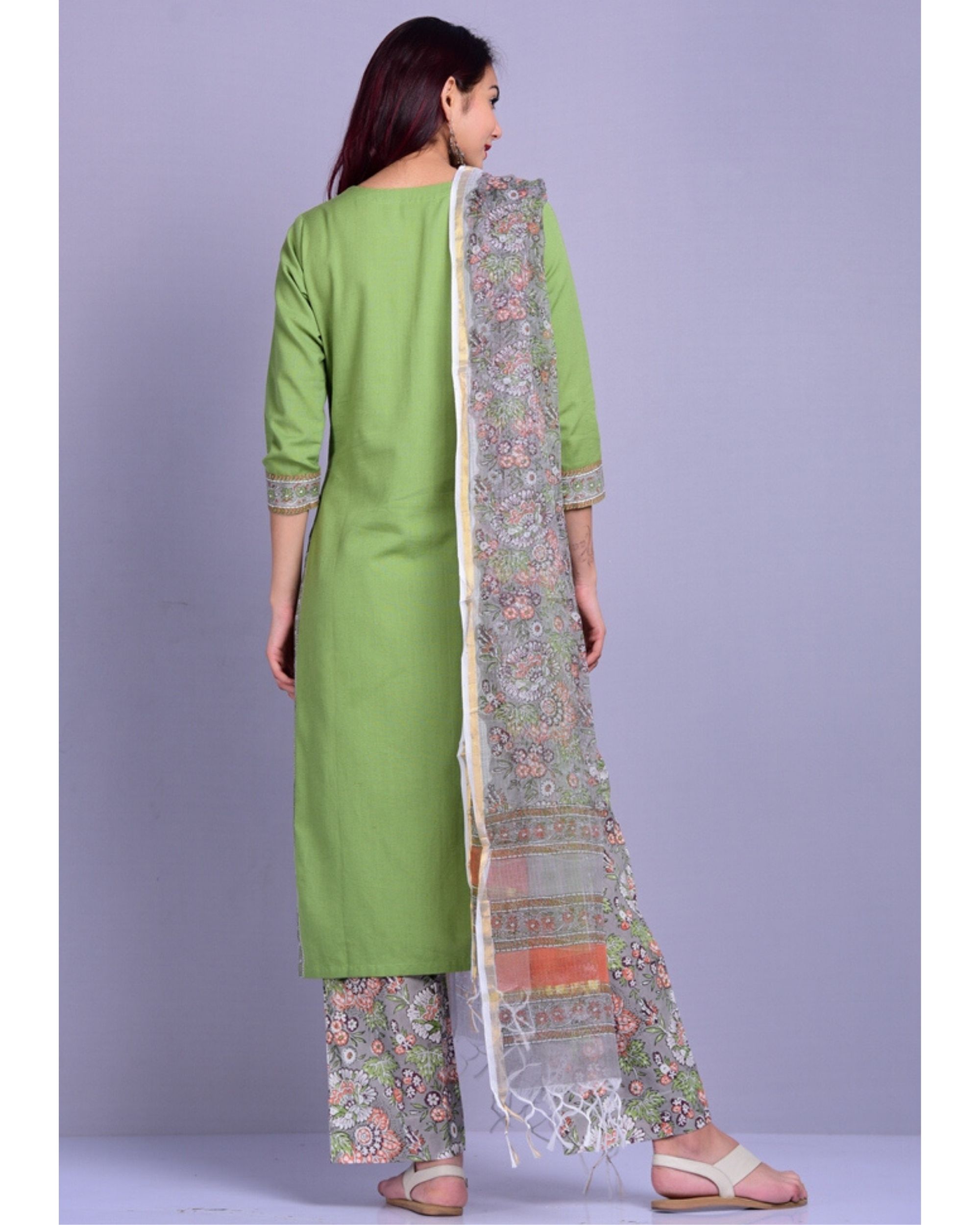 Green printed kurta and palazzo with dupatta Set Of Three by Kiswah Clothing The Secret Label