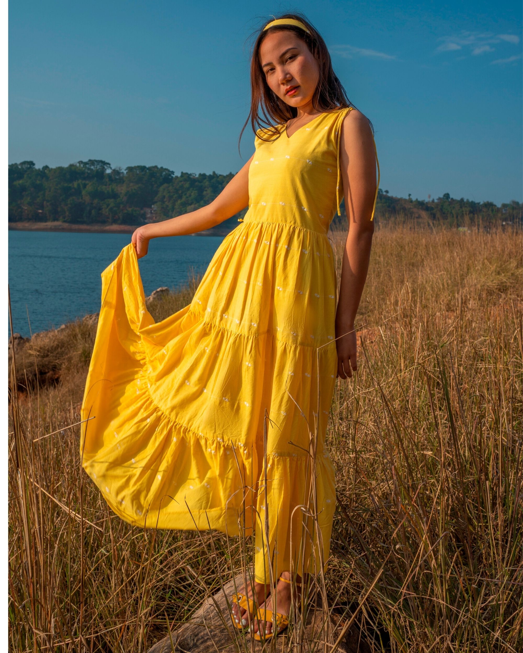 Yellow tiered maxi dress by Amoh By Aanchal | The Secret Label