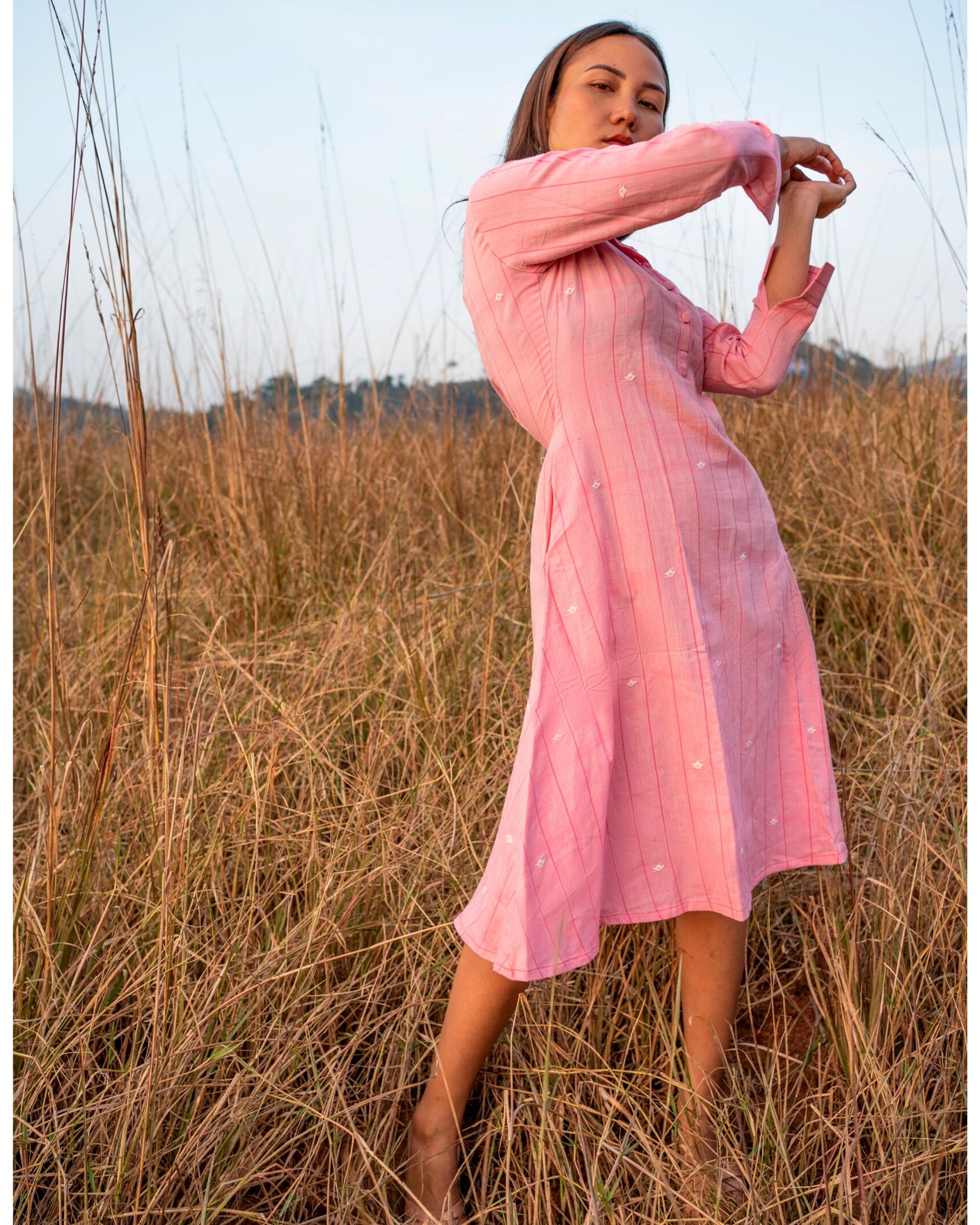 Pink collared shirt dress with pocket by Amoh By Aanchal The Secret Label