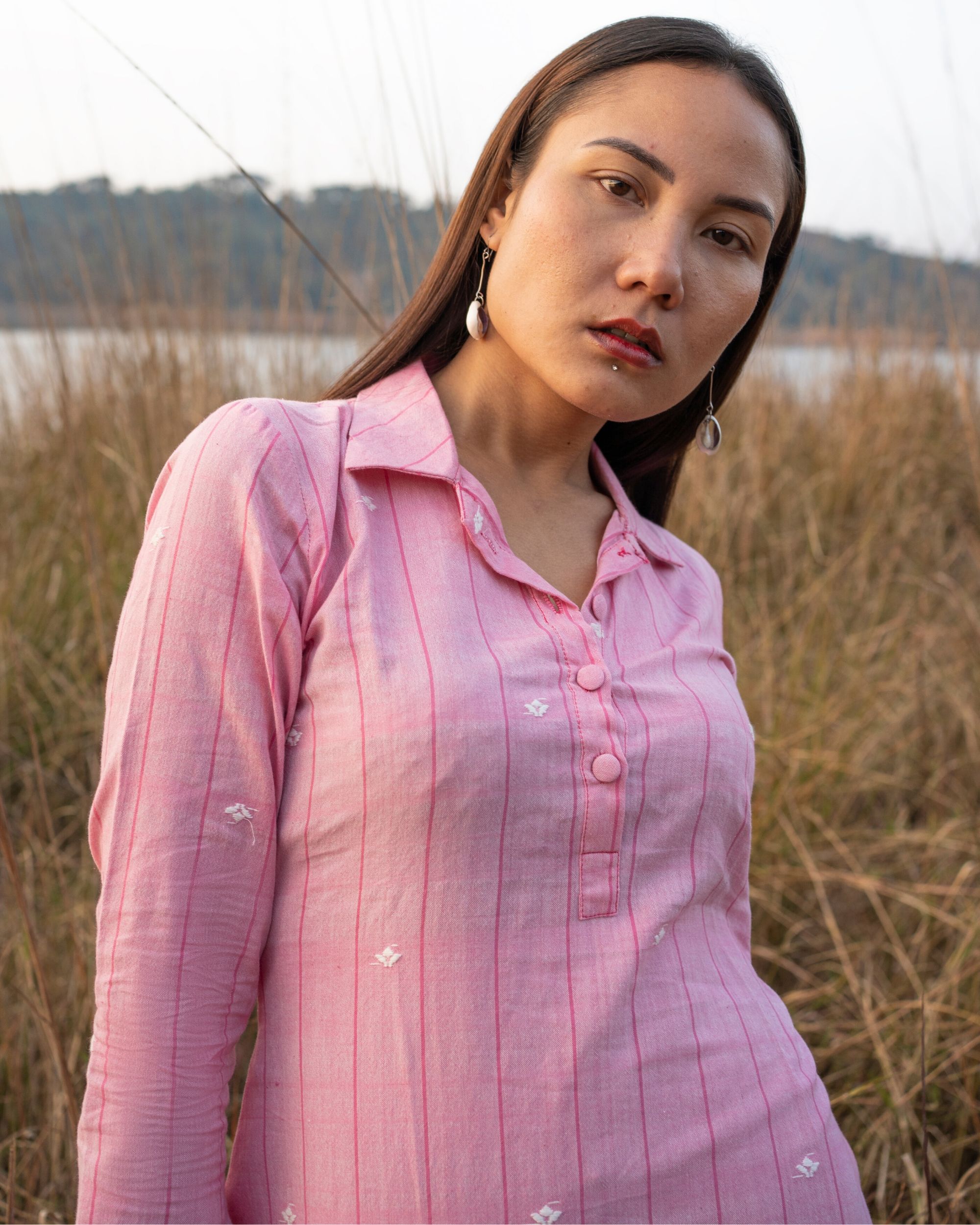 Pink collared shirt dress with pocket by Amoh By Aanchal The Secret Label