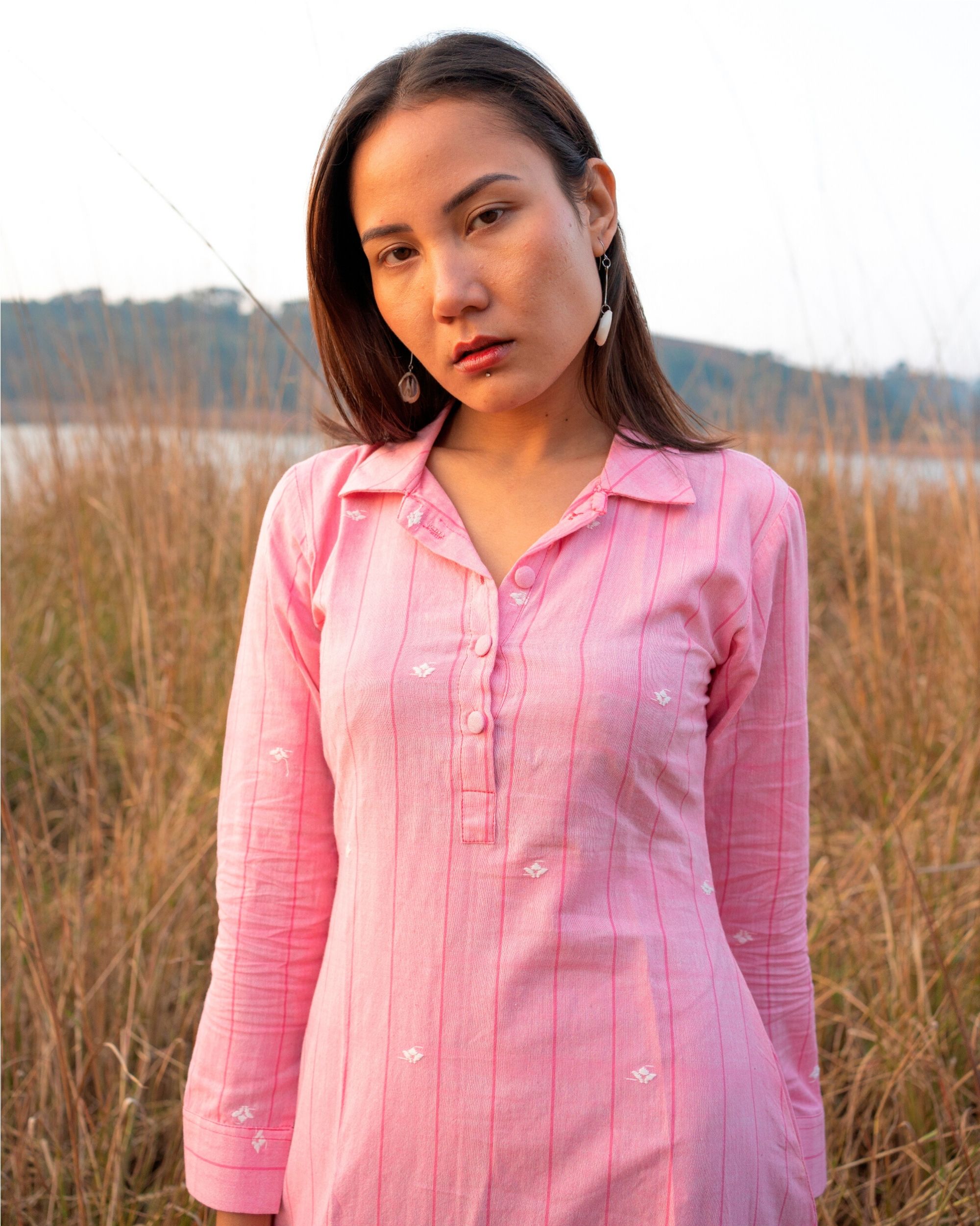 Pink collared shirt dress with pocket by Amoh By Aanchal The Secret Label