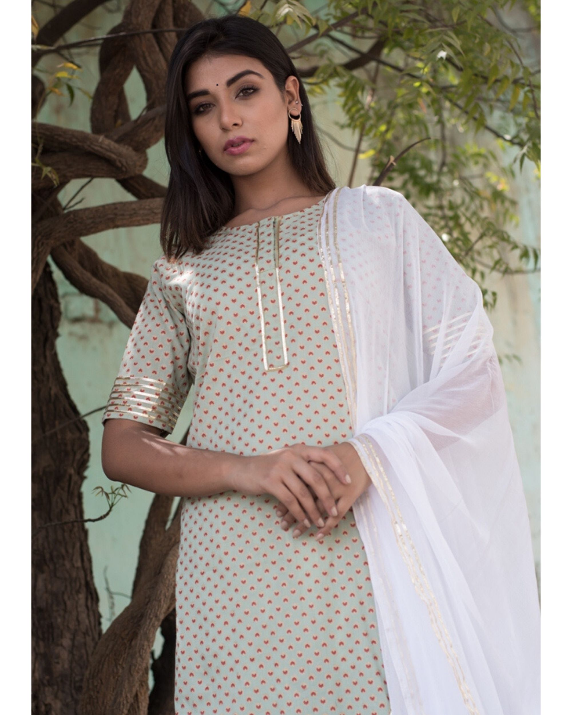 Green printed kurta and palazzo with dupatta Set Of Three by Amari Jaipur The Secret Label