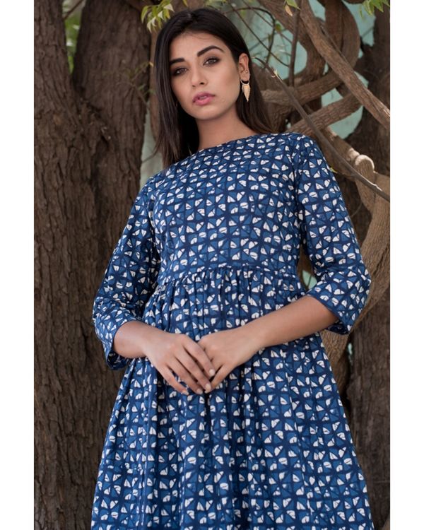 Indigo Printed Waist Gathered Dress By Amari Jaipur The Secret Label 