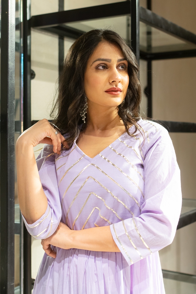 Lavender tiered dress with gota work by Chokhi Bandhani | The Secret Label Lavender tiered dress with gota work by Chokhi Bandhani | The Secret Label