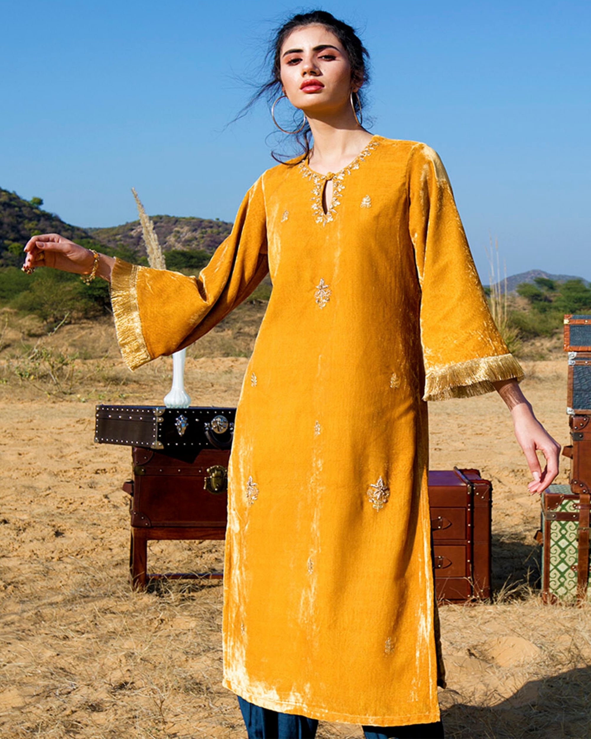 Mustard yellow silk velvet kurta and pants- Set Of Two by Ambraee | The ...