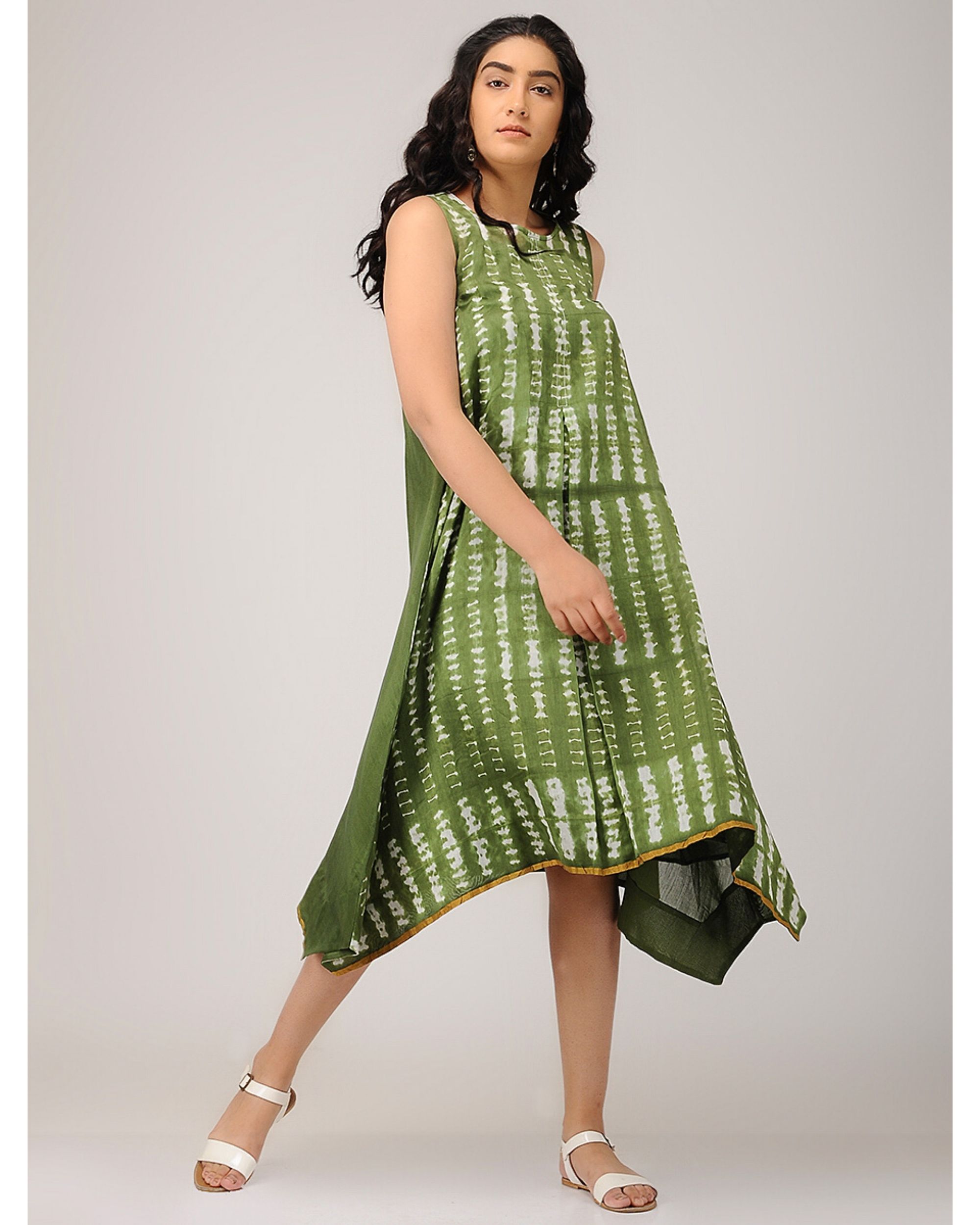 Olive green pleated shibori dress with slip- Set Of Two by Sonal Kabra ...