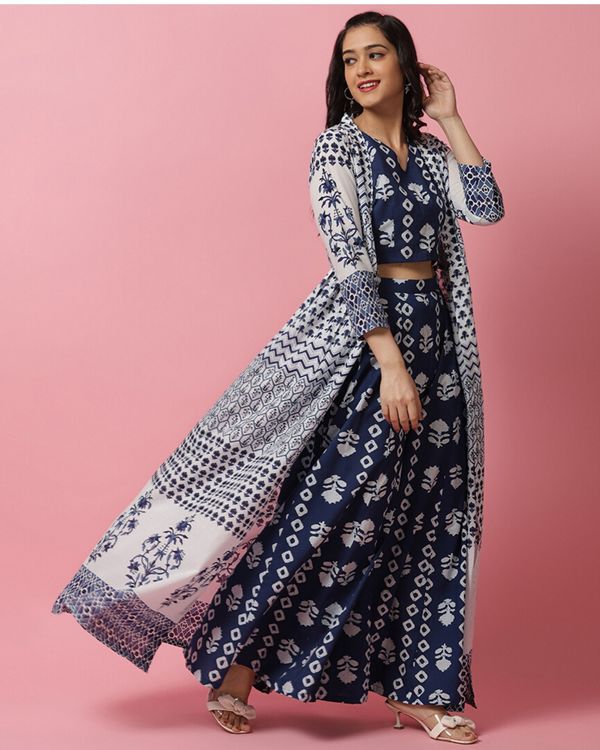 Indigo printed crop top and palazzo with jacket Set Of Three by Rivaaj