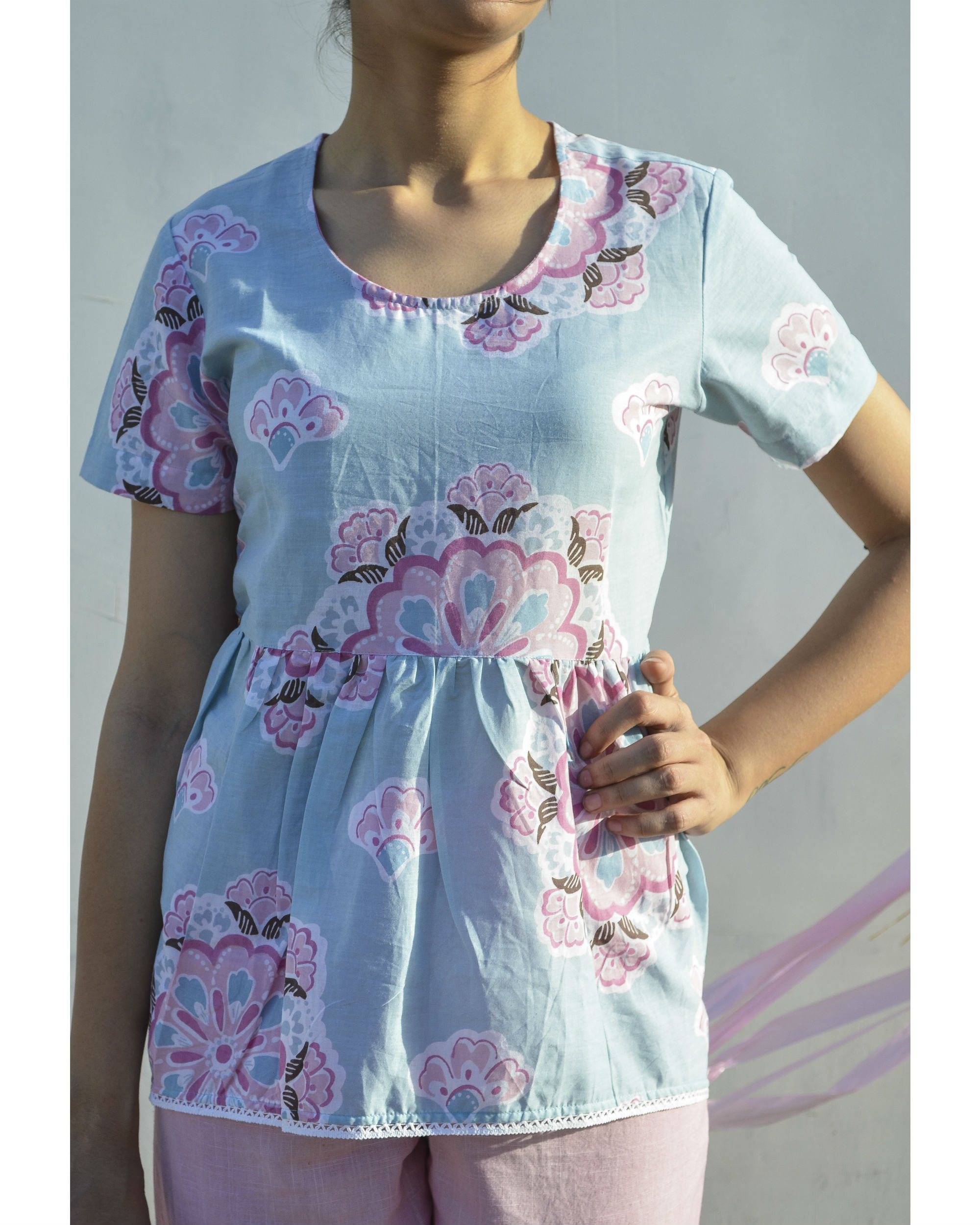 Pastel blue top with gathers by BAISE GABA The Secret Label