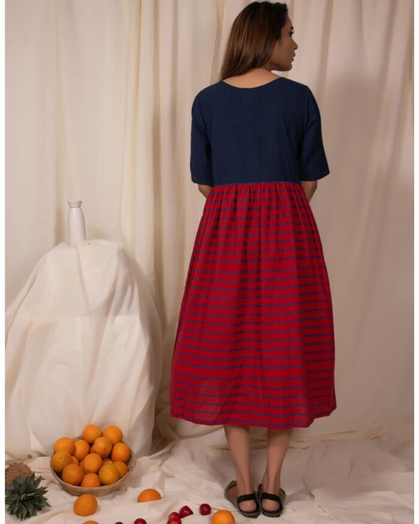 Indigo And Red Gathered Dress With Stripes Detailing By Silai The Secret Label 