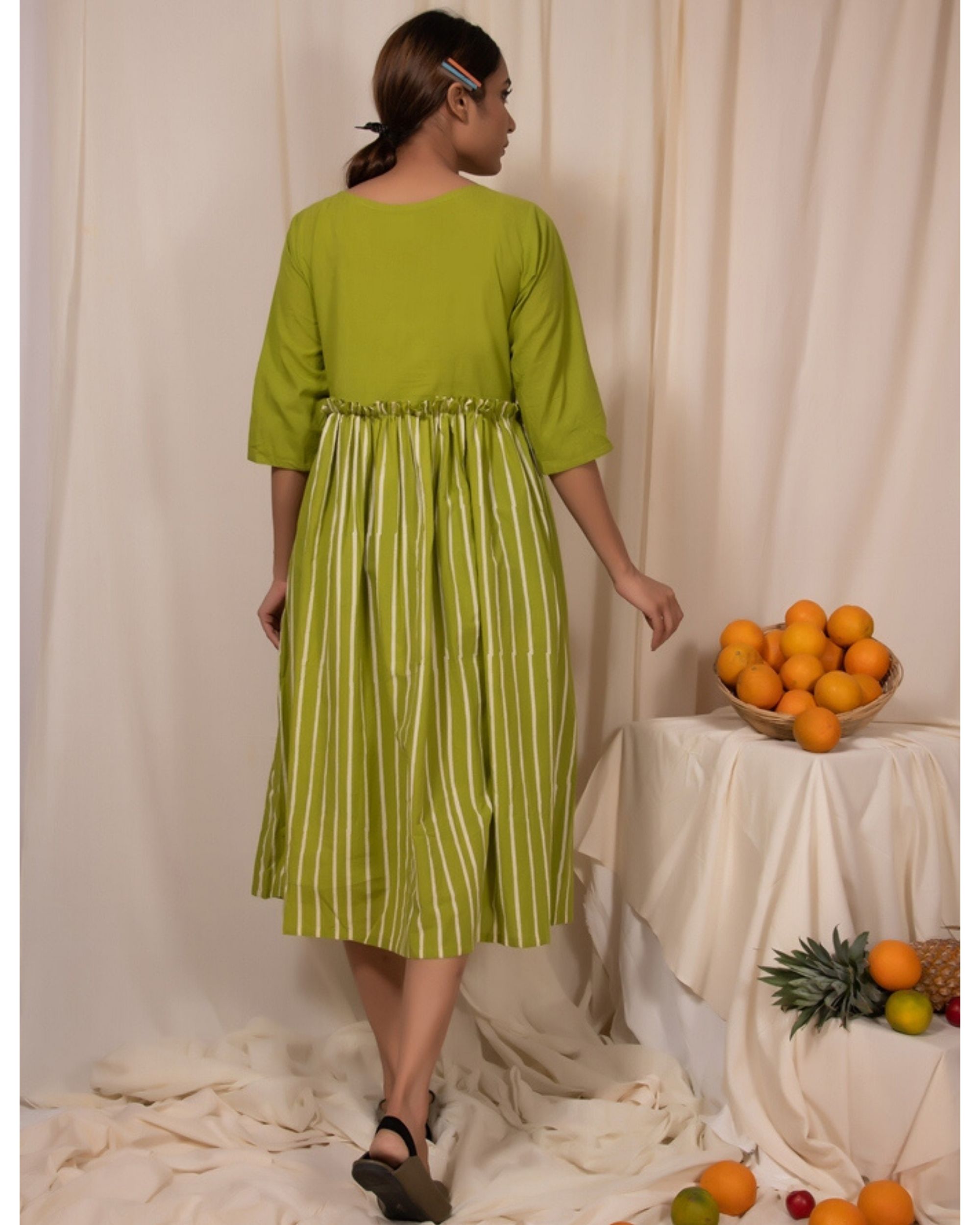 Lime green paneled dress by Silai The Secret Label