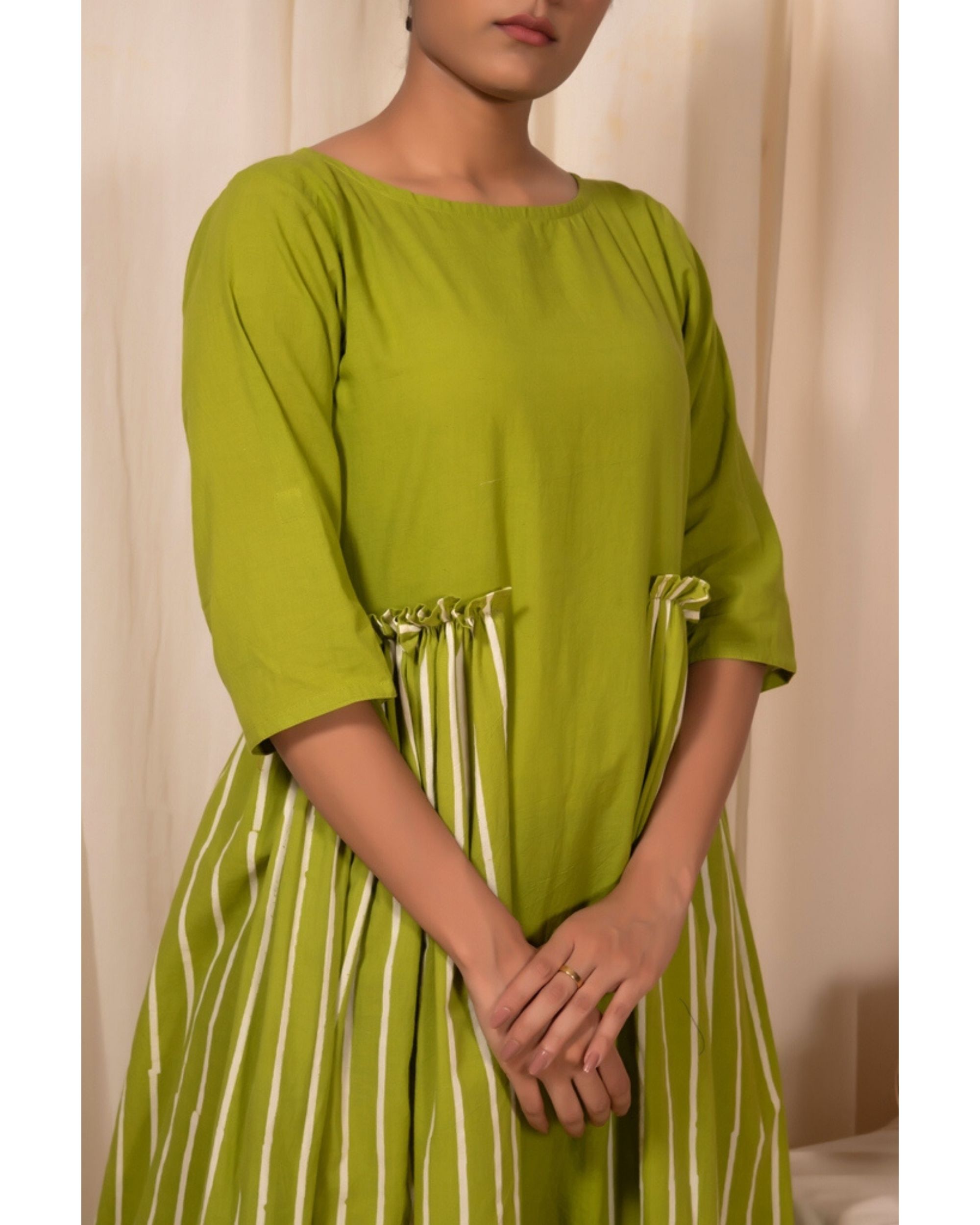 Lime green paneled dress by Silai The Secret Label