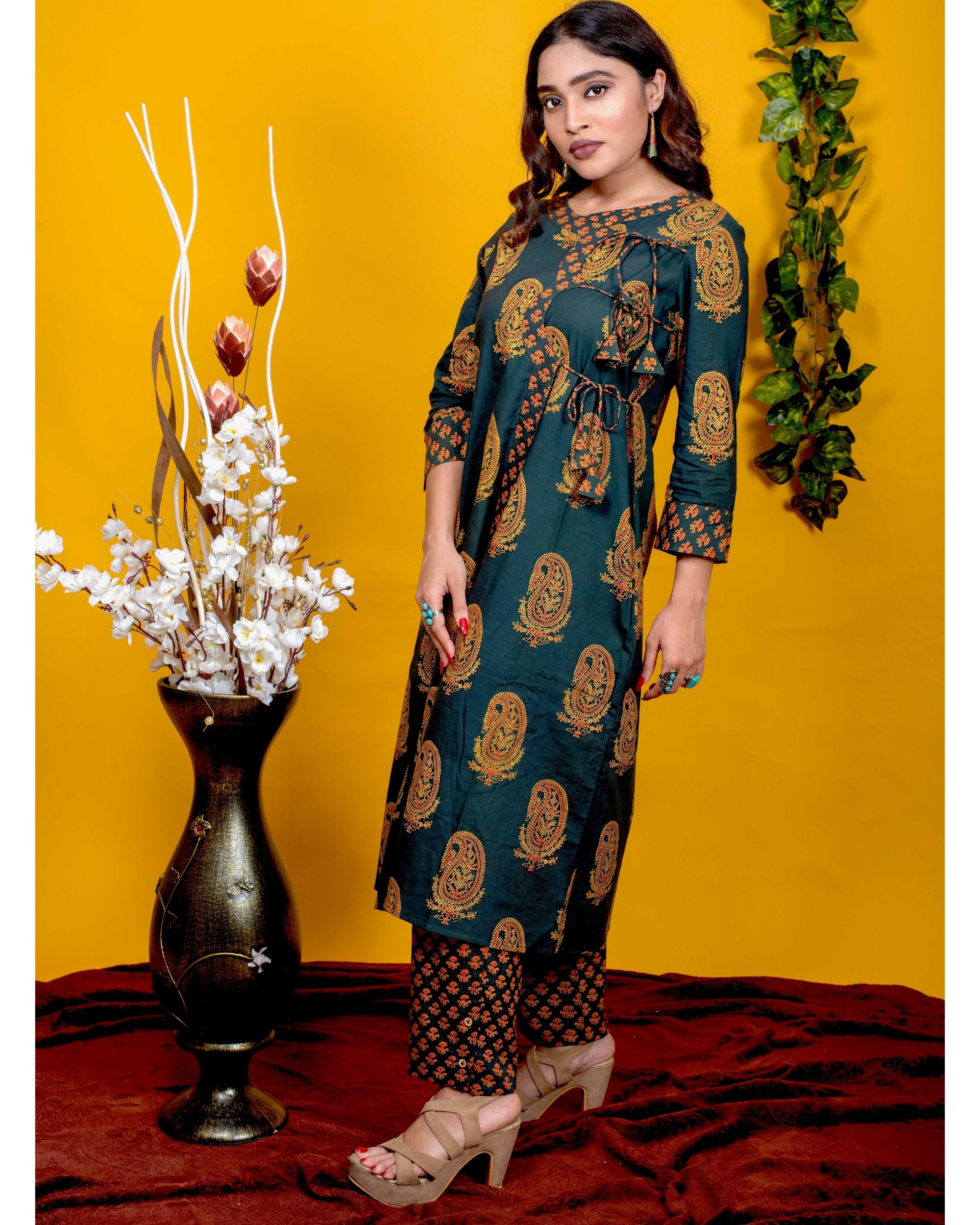 Bottle green angrakha kurta and pants- Set Of Two by KA | The Secret Label