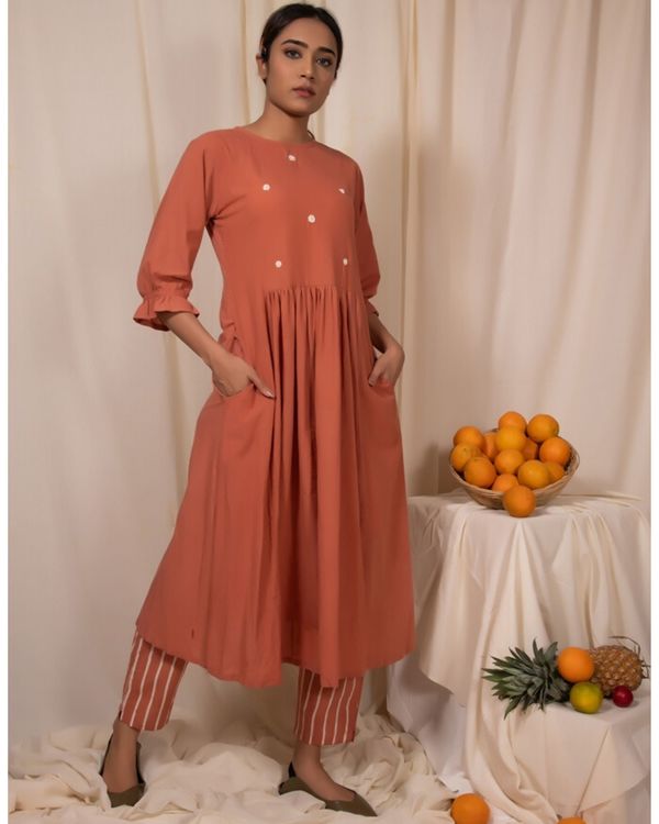 Peach embroidered kurta with gathers by Silai | The Secret Label
