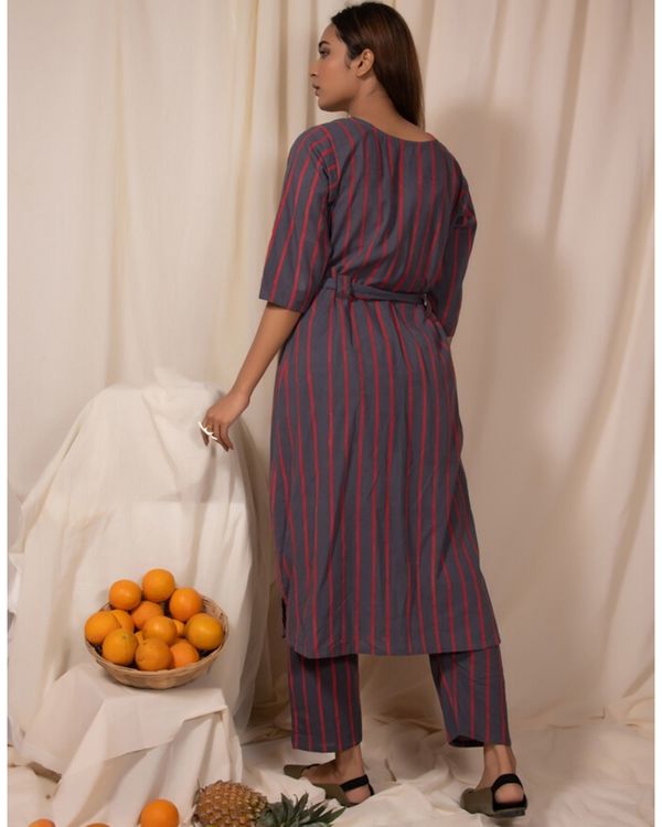 Grey striped jacket with crop and pants Set Of Three by Silai The