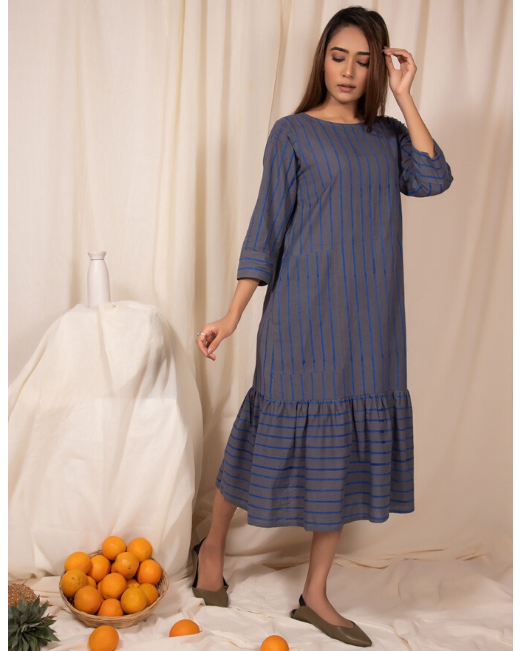 Bluish grey striped dress with gathers by Silai | The Secret Label