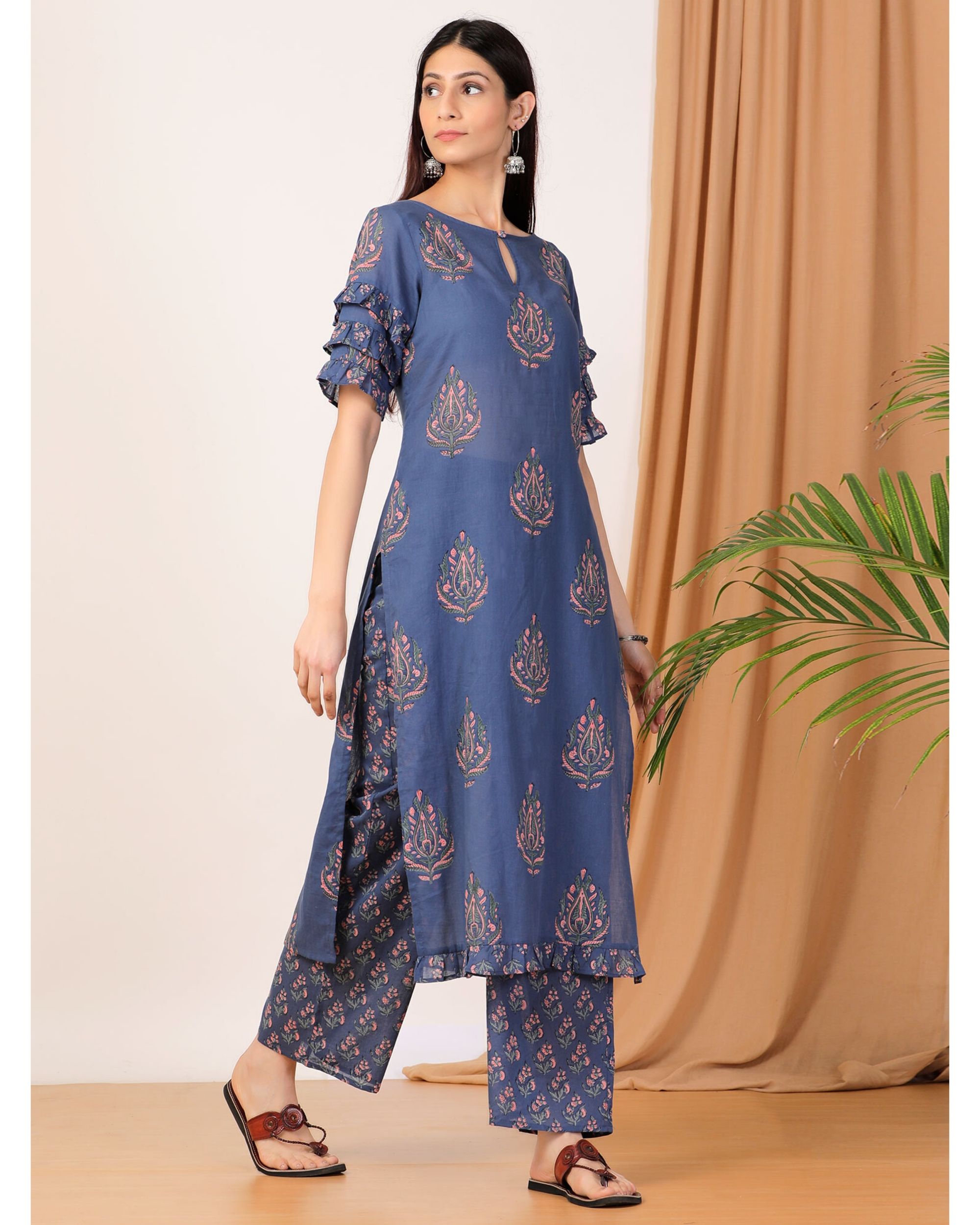 Blue Floral Frilled Kurta And Palazzo Set Of Two By Empress Pitara The Secret Label 6061