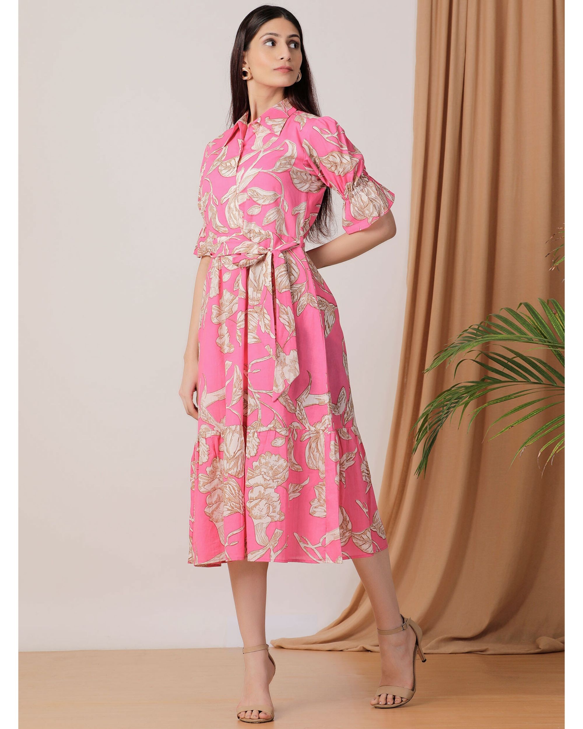 Pink floral printed shirt dress by Empress Pitara | The Secret Label