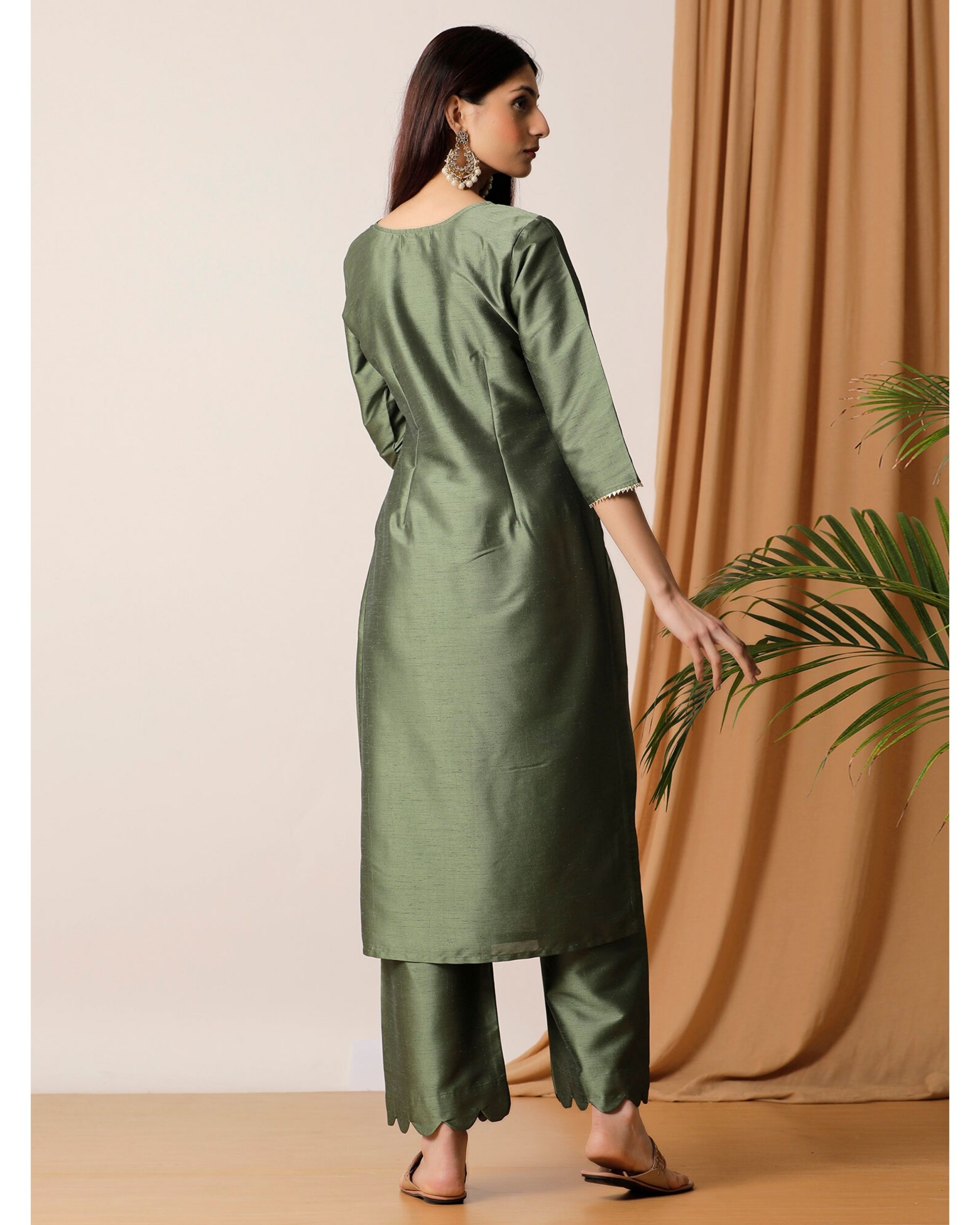 Olive green gota kurta and palazzo with net embellished dupatta Set Of