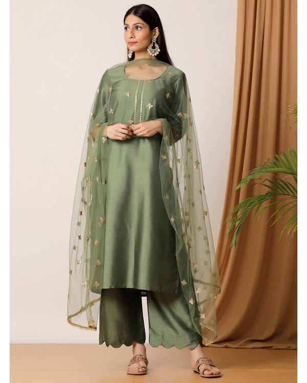 Olive green gota kurta and palazzo with net embellished dupatta- Set Of ...