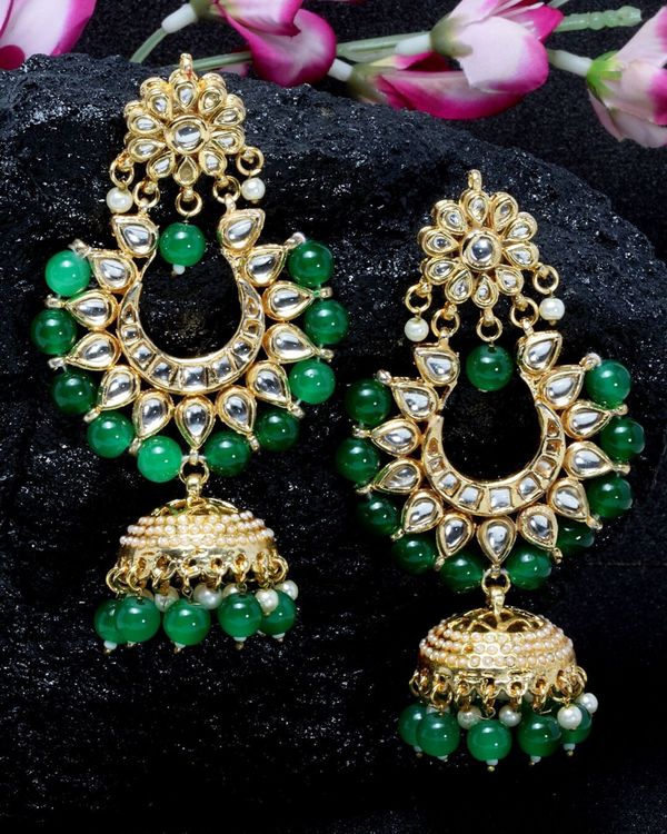 Kundan jhumka with green drops by Dugri Style | The Secret Label