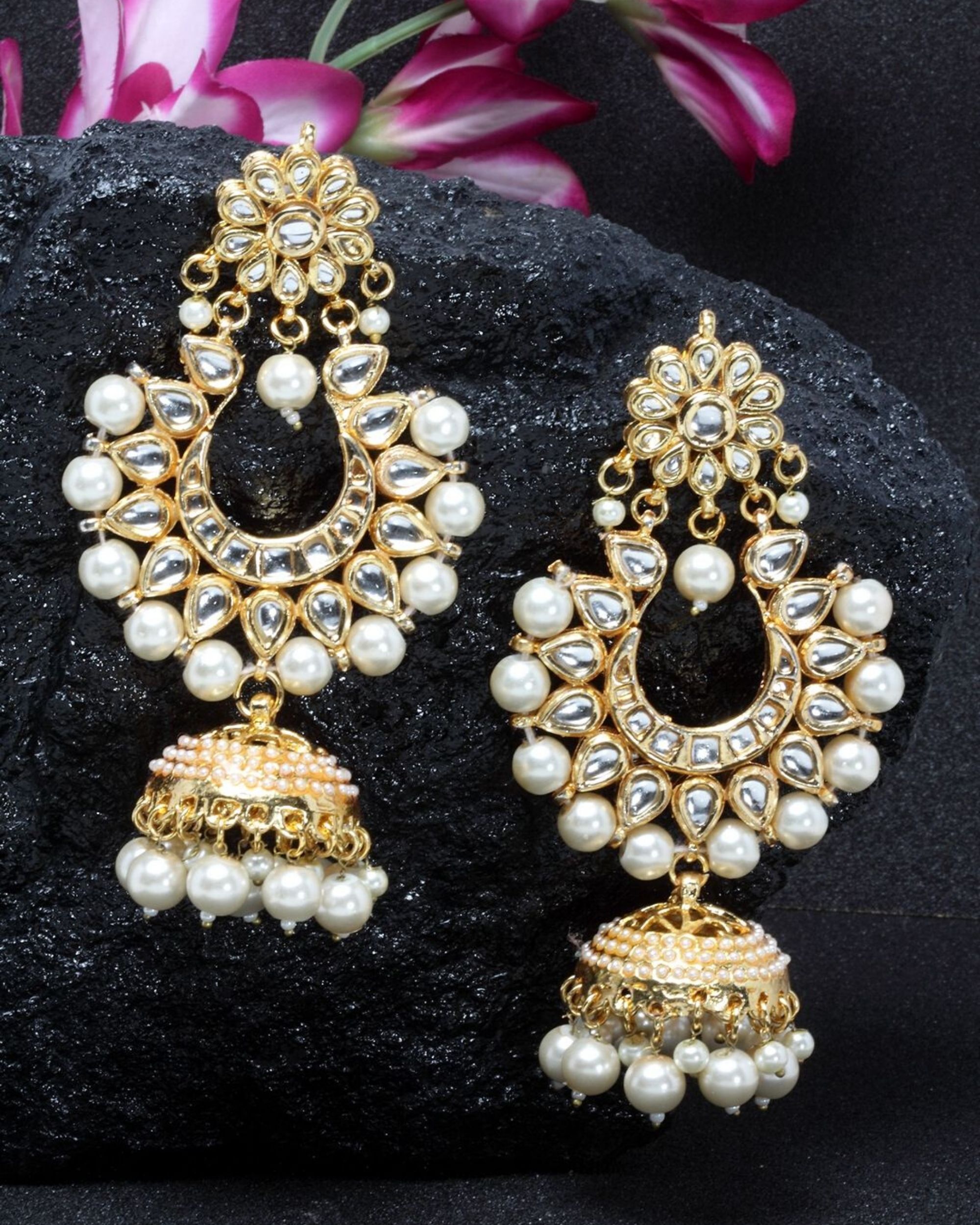 Kundan jhumka with white droplets by Dugri Style | The Secret Label