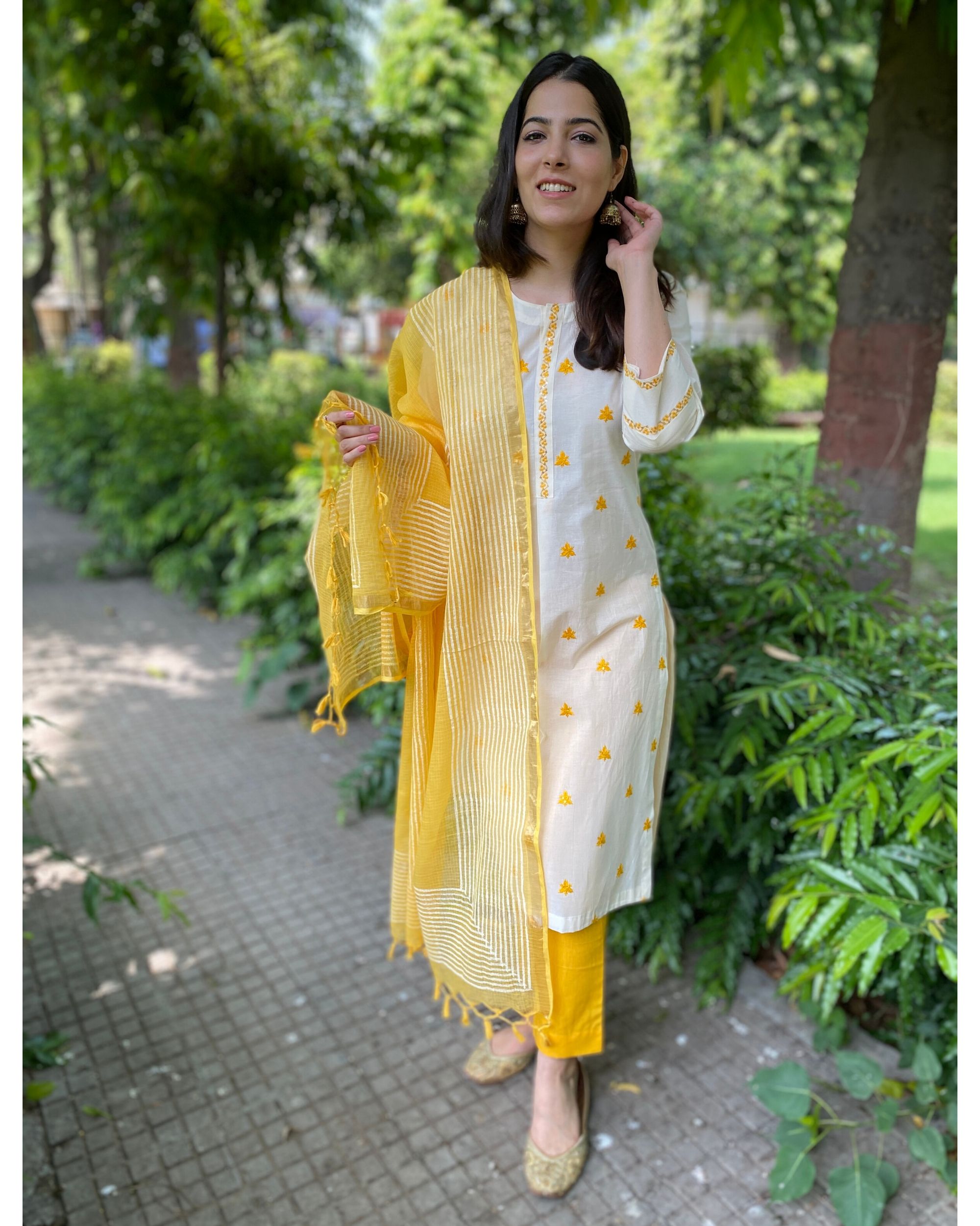 Sojanya (Since 1958), Men's Cotton Linen Yellow Kurta & White Pyjama Set