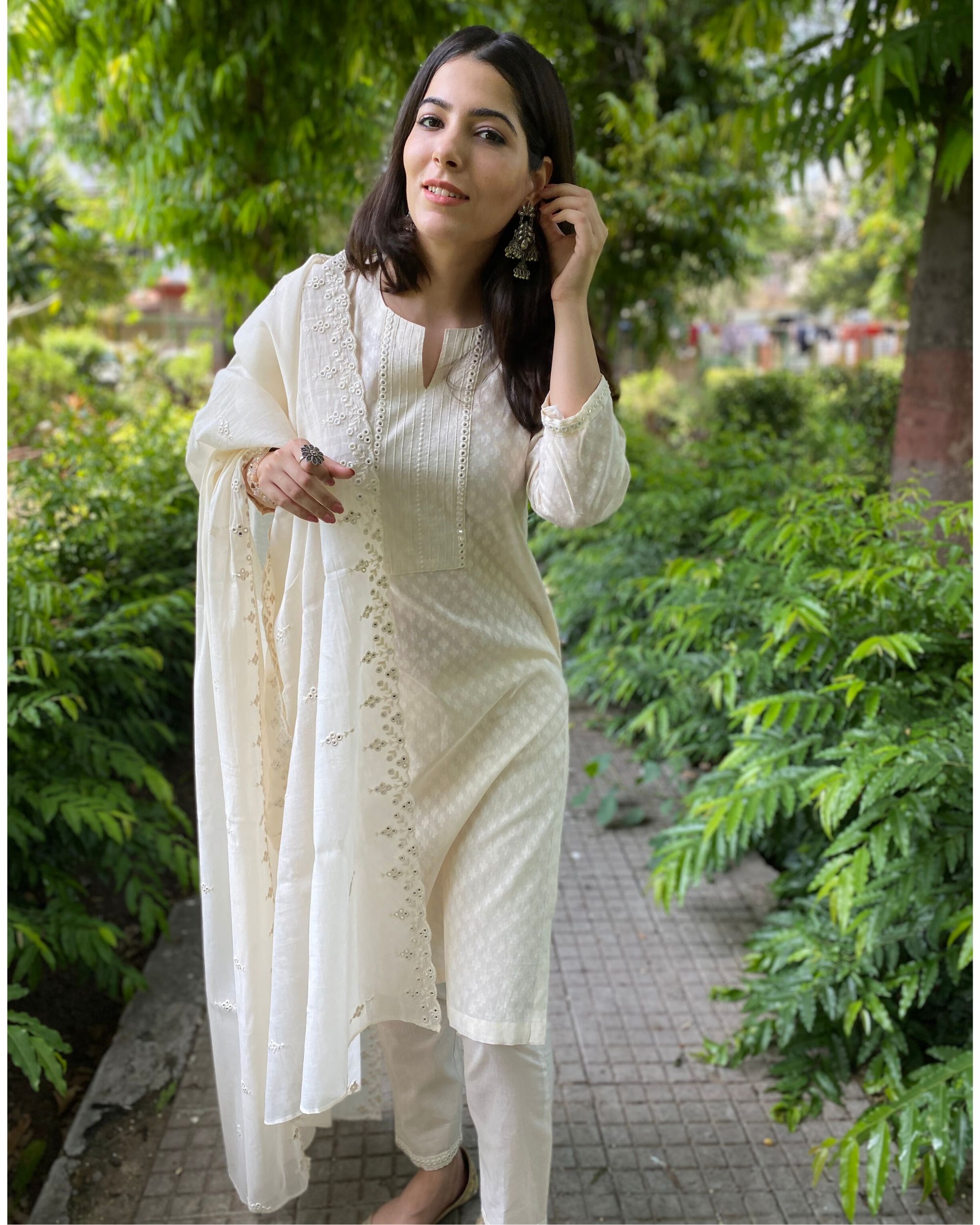 Beige cotton satin kurta and pants with hand painted dupatta - set of three  by The Hemming Bird | The Secret Label