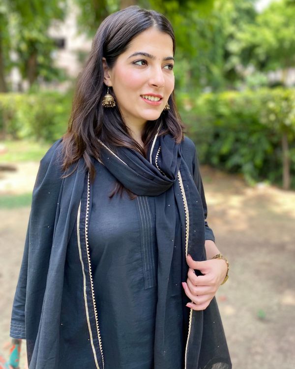 Black cotton kurta and pants with mukaish work dupatta- Set Of Three 3