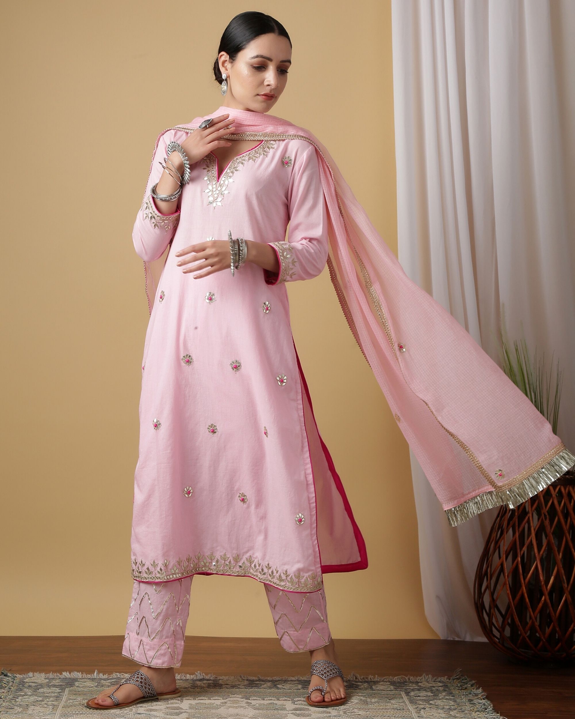 Baby pink hand embroidered kurta and pants with dupatta- Set Of Three ...