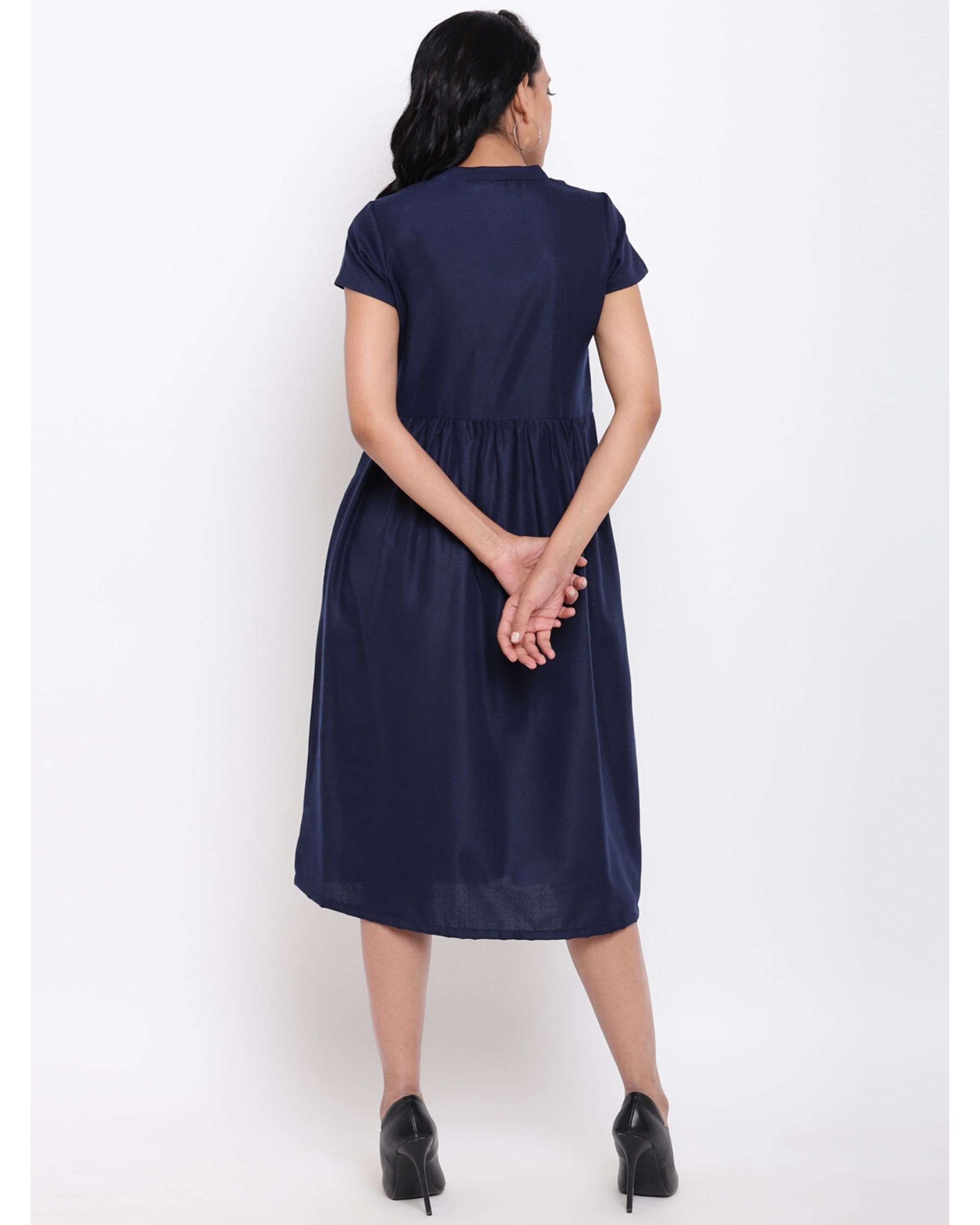 Navy blue gathered collar dress by trueBrowns The Secret Label